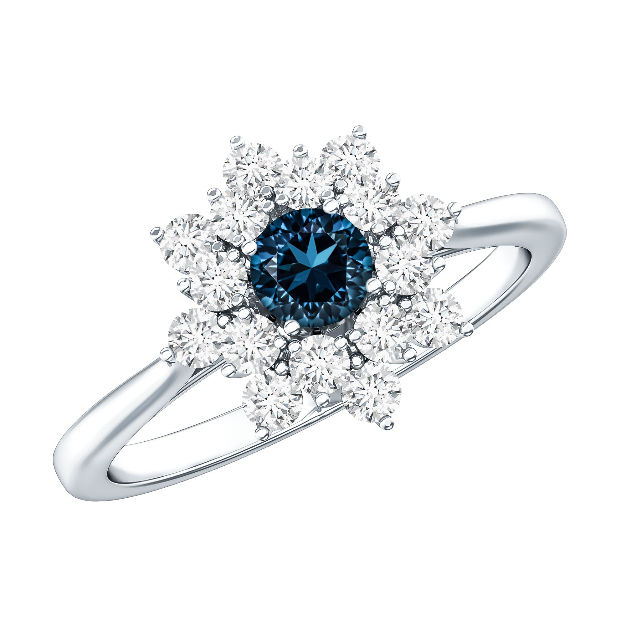 Genuine Round Cut London Blue Topaz Flower Engagement Ring with Diamonds AAA - Rosec Jewels