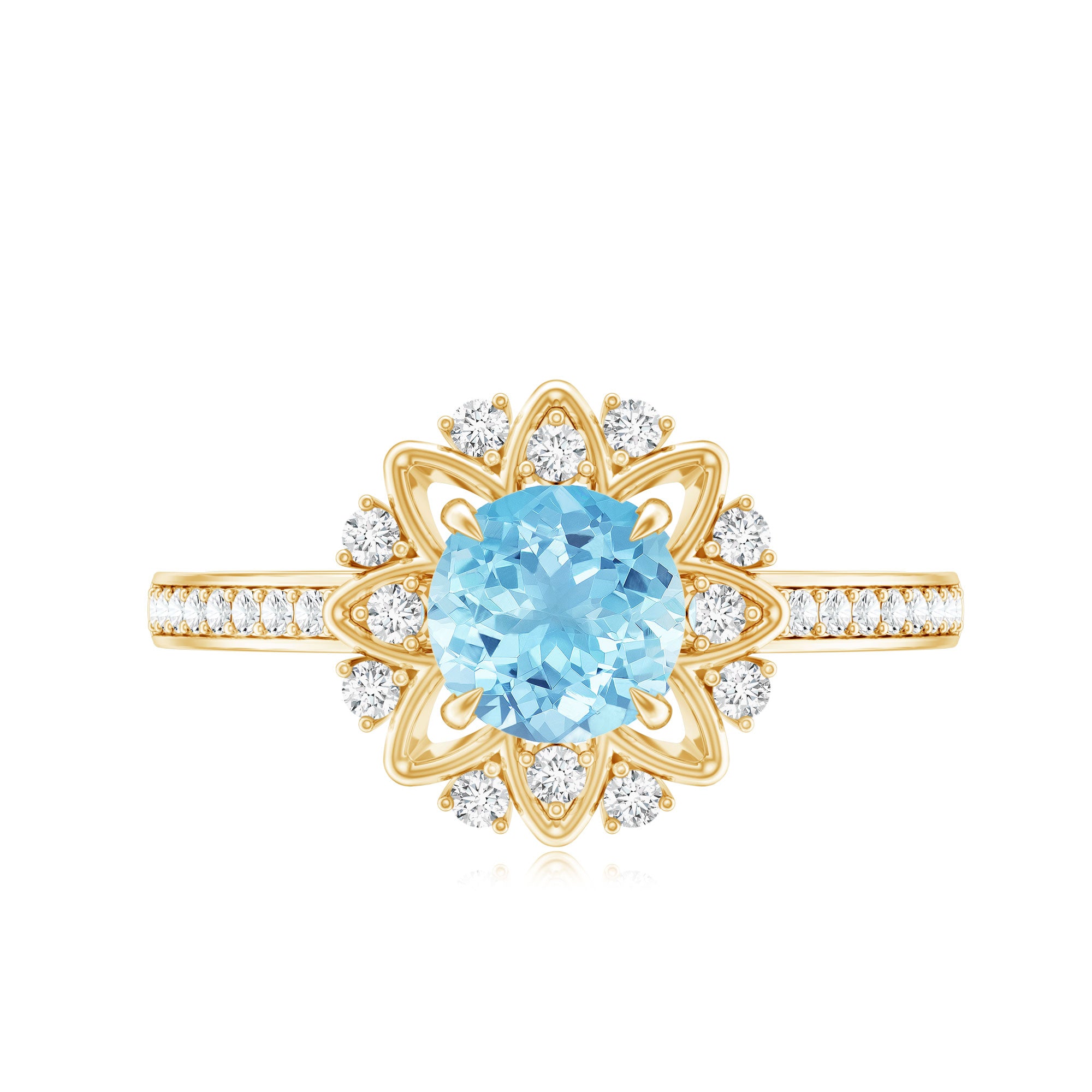 Rosec Jewels-Genuine 0.8 Aquamarine Floral Engagement Ring with Diamond Side Stones