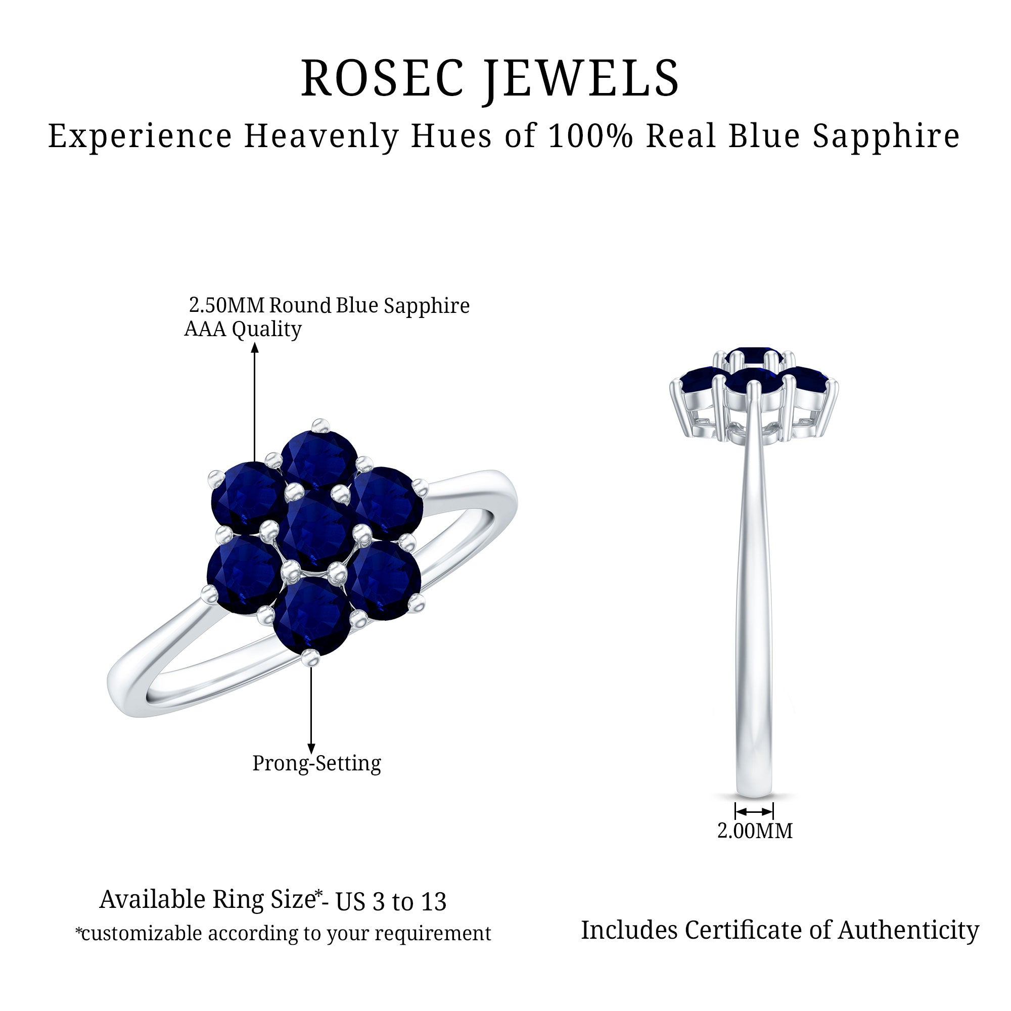 Rosec Jewels-1 CT Round Shape Blue Sapphire Cluster Flower Ring