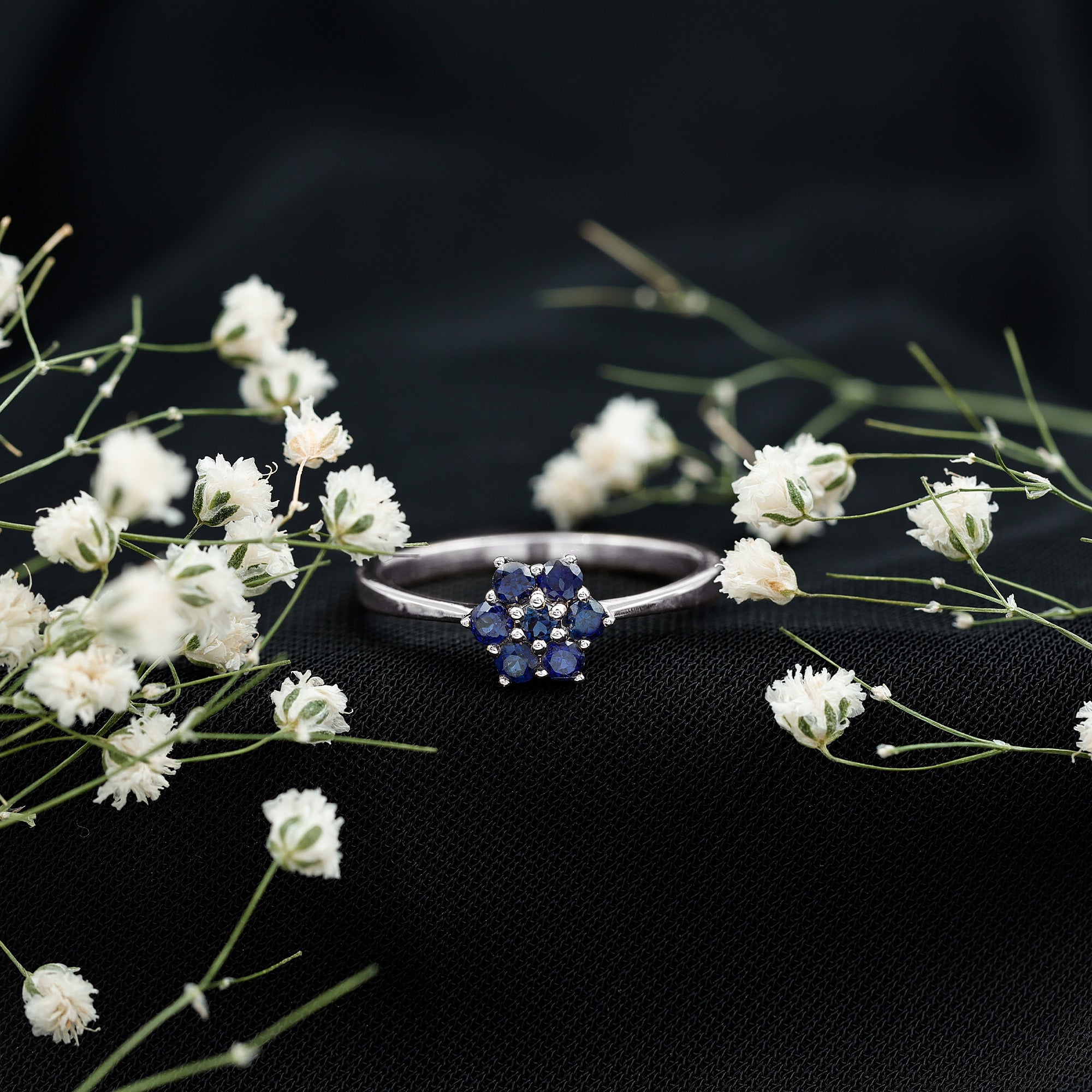 Rosec Jewels-1 CT Round Shape Blue Sapphire Cluster Flower Ring