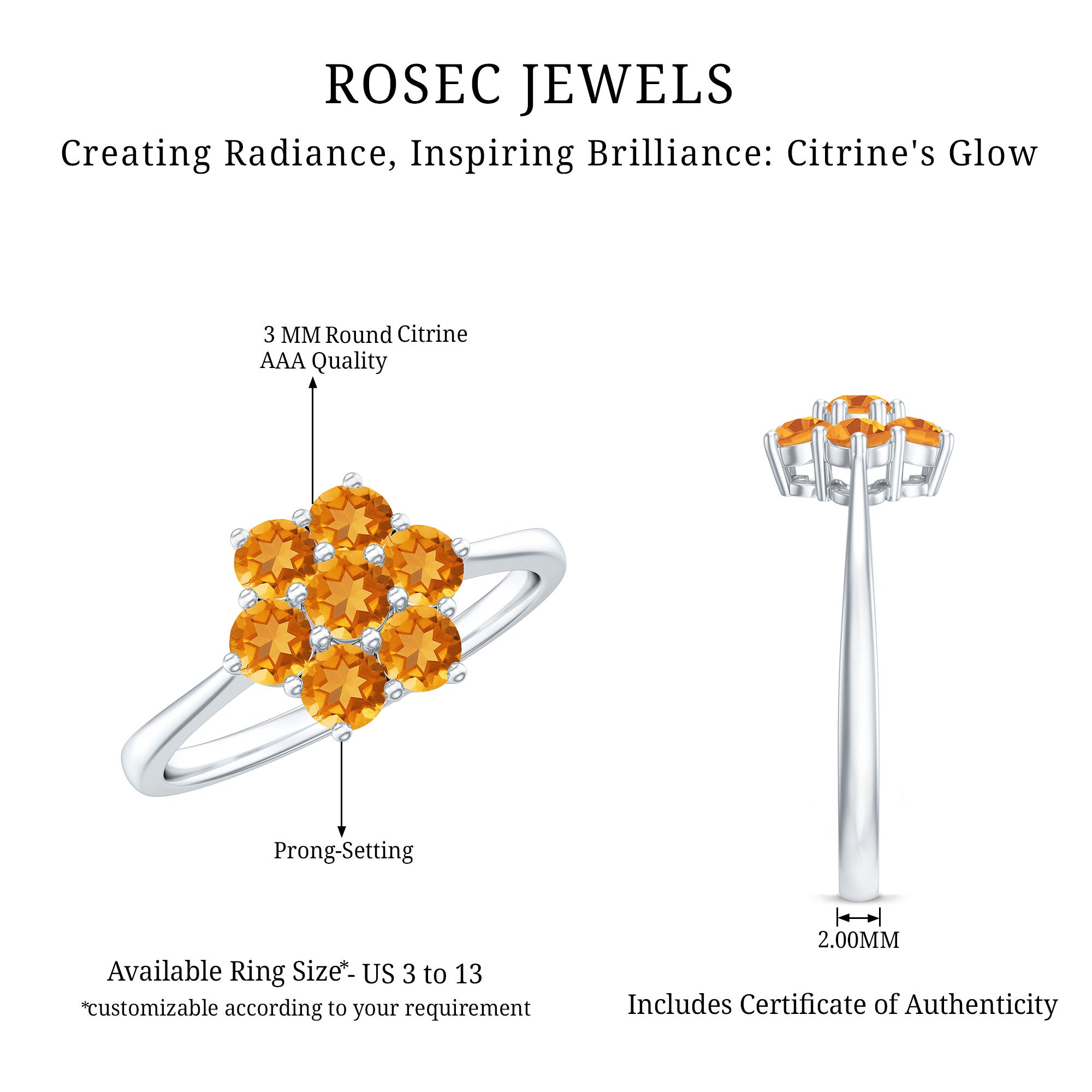 Rosec Jewels-Natural Citrine Floral Engagement Ring with Certificate