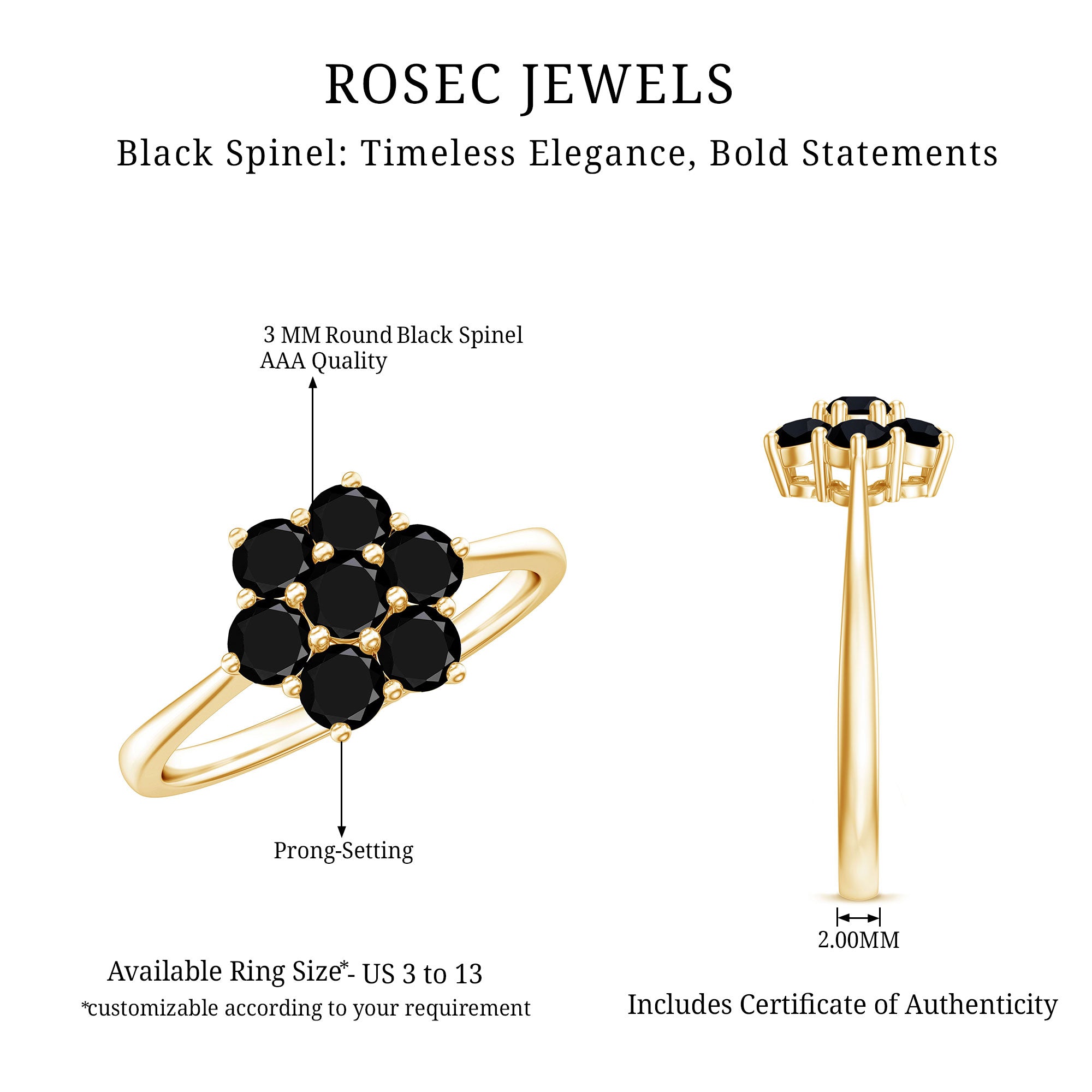 Rosec Jewels-Natural Black Spinel Flower Engagement Ring with Certificate