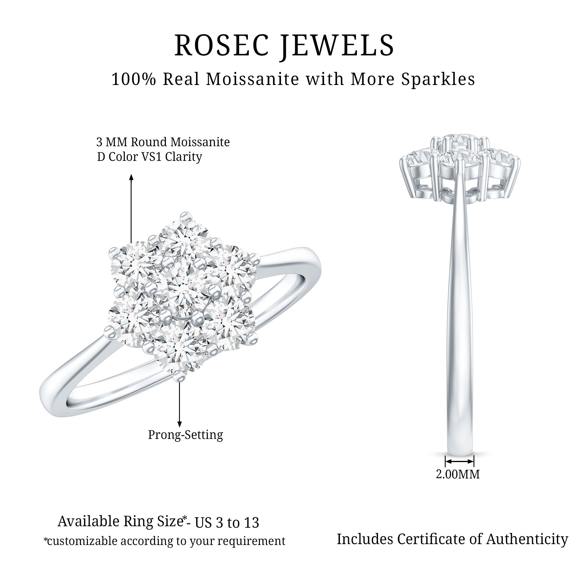 Rosec Jewels-Round Shape Moissanite Cluster Flower Engagement Ring