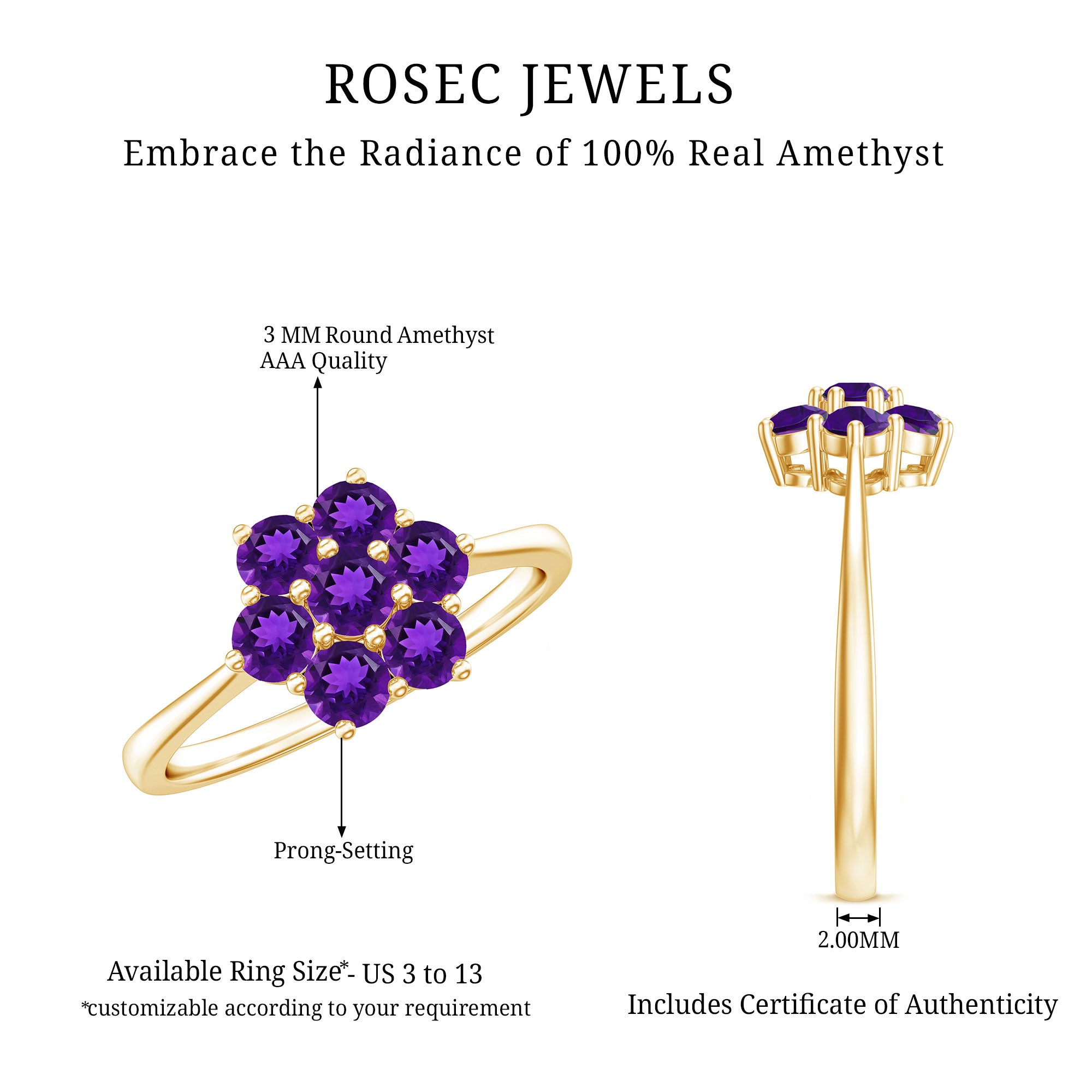 Rosec Jewels-3/4 CT Round Shape Amethyst Cluster Flower Ring
