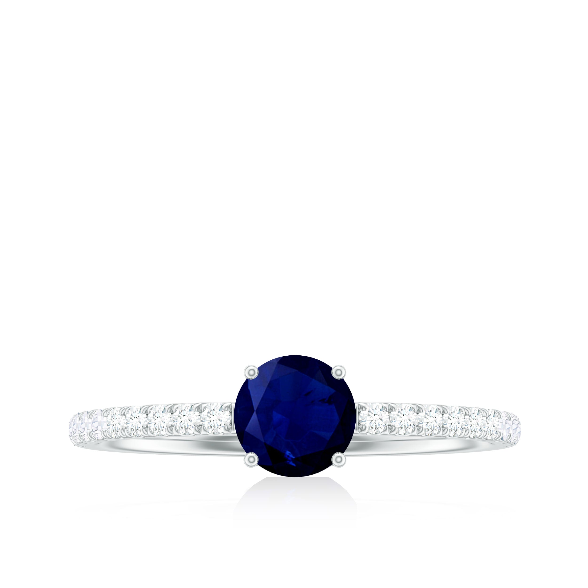 0.95 Carat Round Blue Sapphire Solitaire Ring with Diamond Side Stones AAA - Rosec Jewels