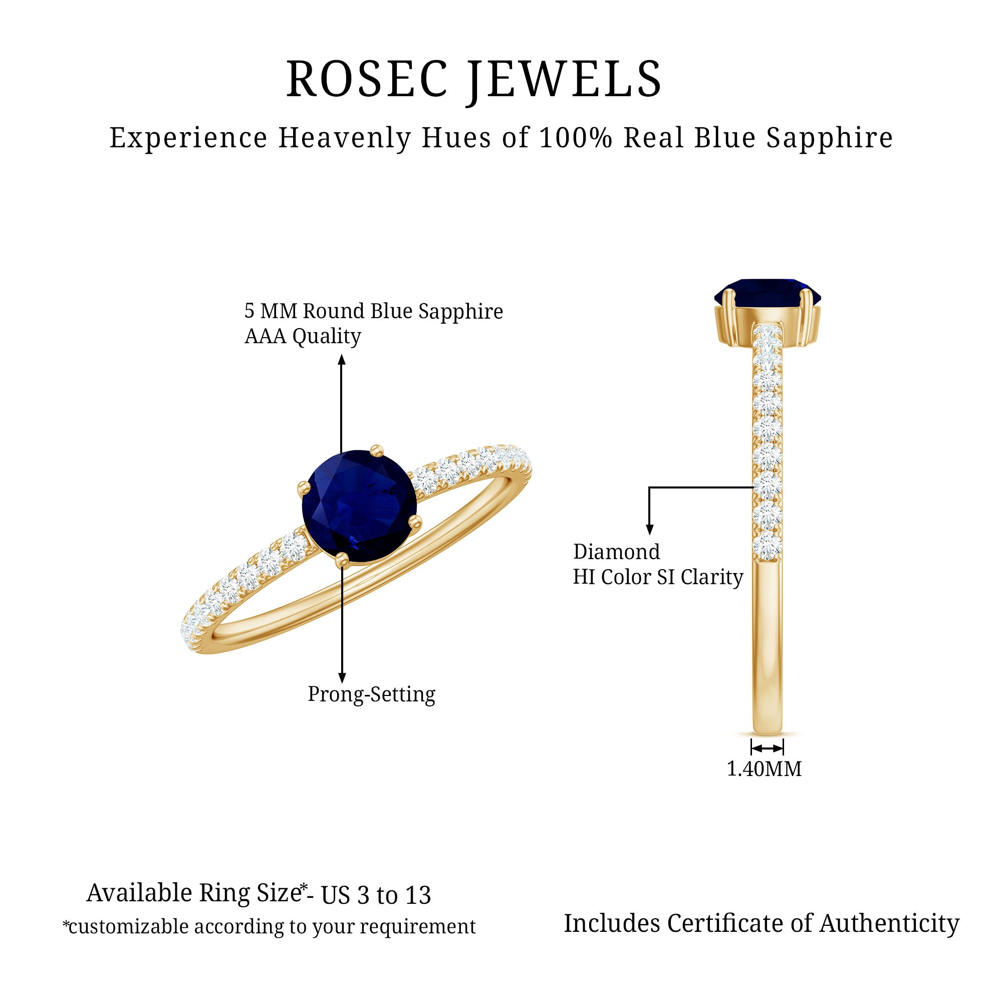 0.95 Carat Round Blue Sapphire Solitaire Ring with Diamond Side Stones AAA - Rosec Jewels