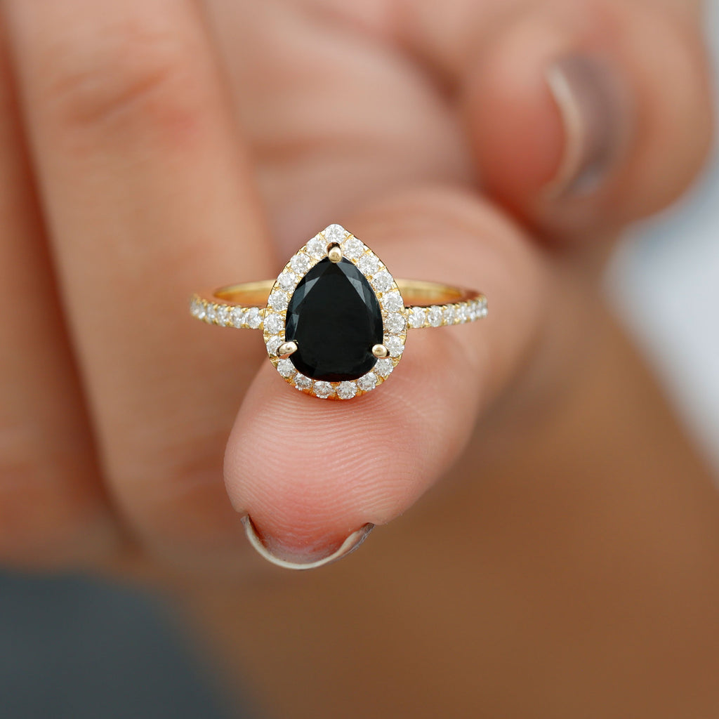 Created Black Diamond and Diamond Halo Engagement Ring Lab Created Black Diamond - ( AAAA ) - Quality - Rosec Jewels