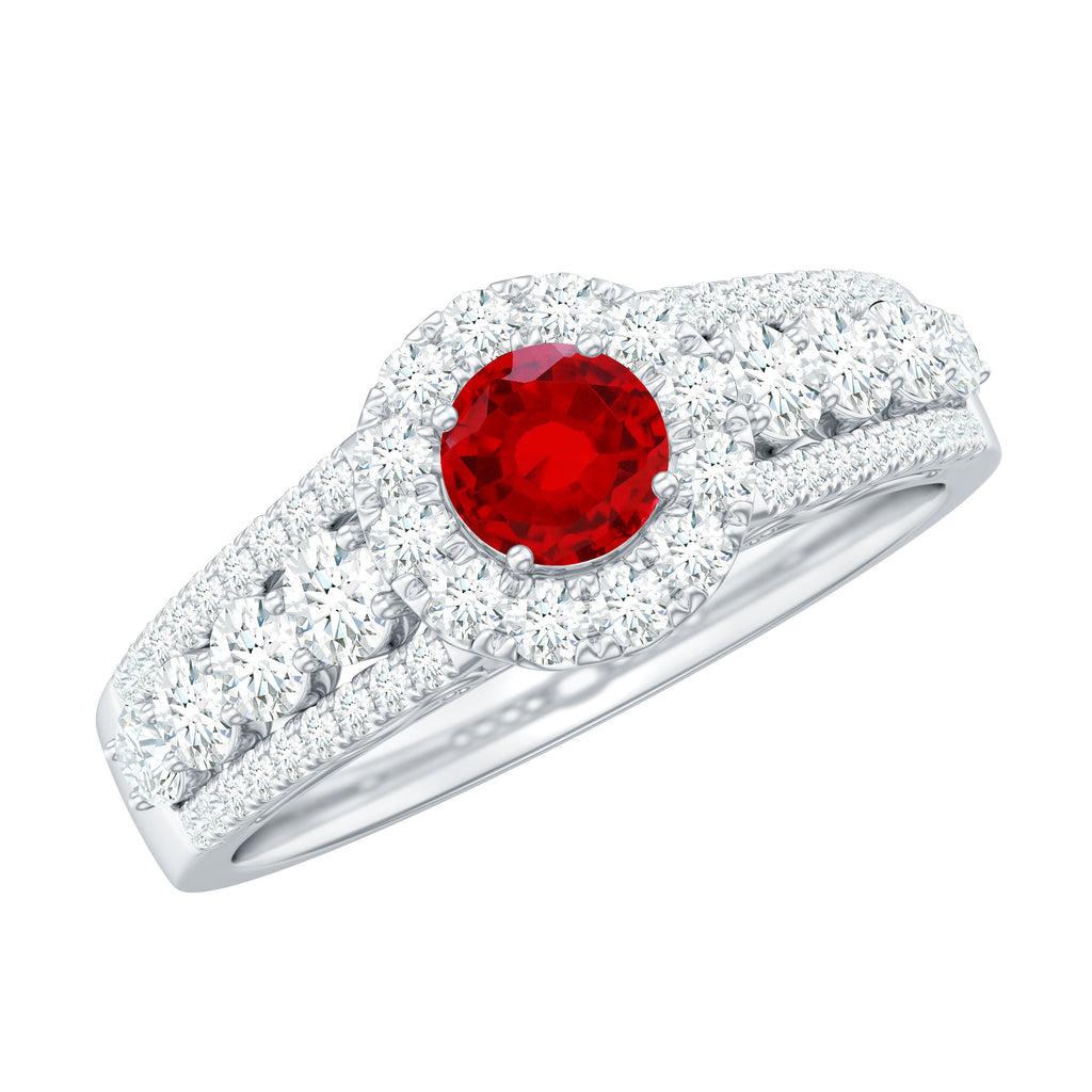 1 CT Statement Created Ruby Ring with Moissanite Side Stones Lab Created Ruby - ( AAAA ) - Quality - Rosec Jewels