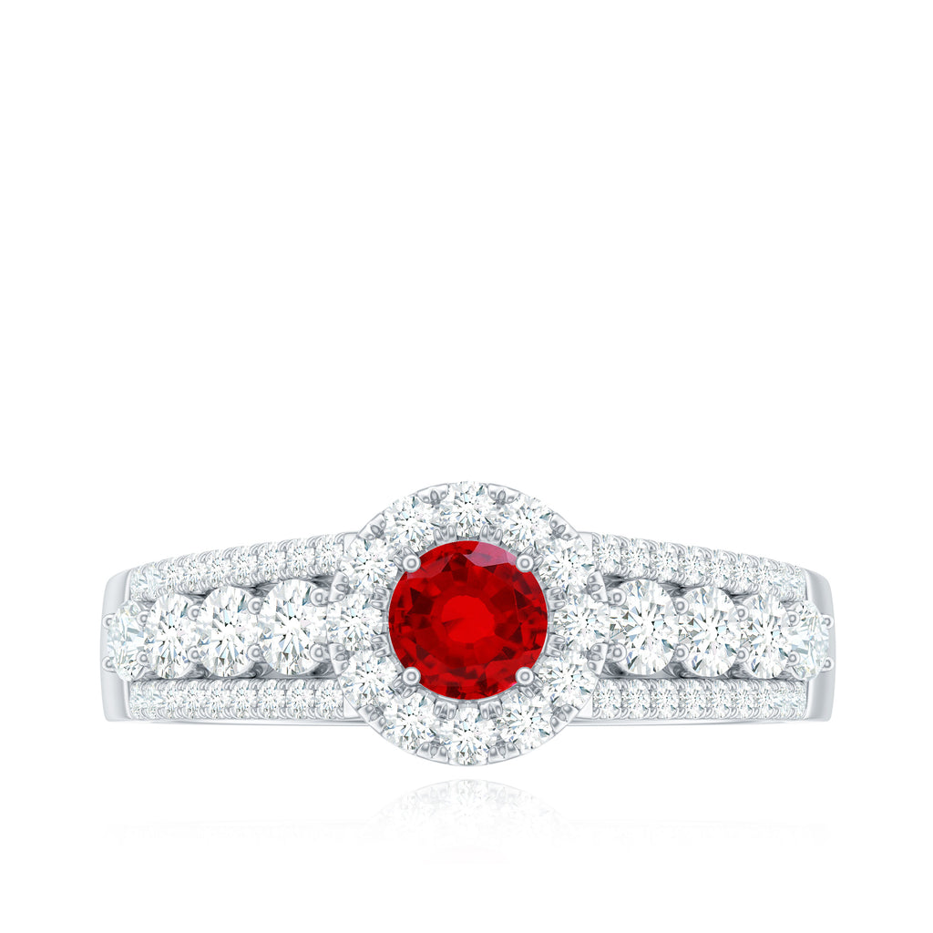 1 CT Statement Created Ruby Ring with Moissanite Side Stones Lab Created Ruby - ( AAAA ) - Quality - Rosec Jewels
