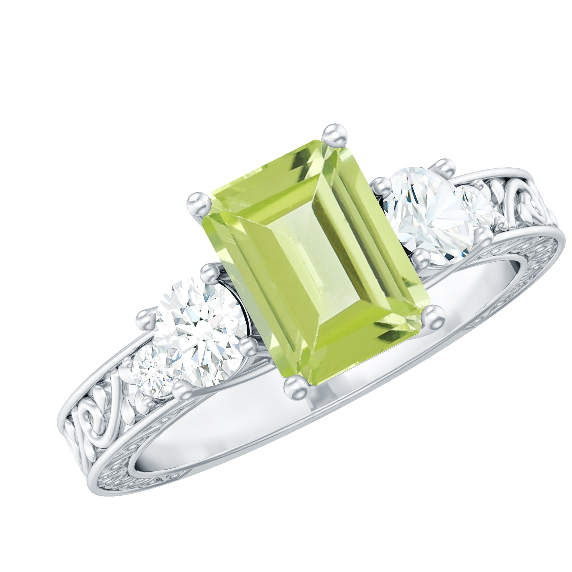 Vintage Style 1.8 Carat Peridot Emerald Cut Engagement Ring with Moissanite AAA - Rosec Jewels