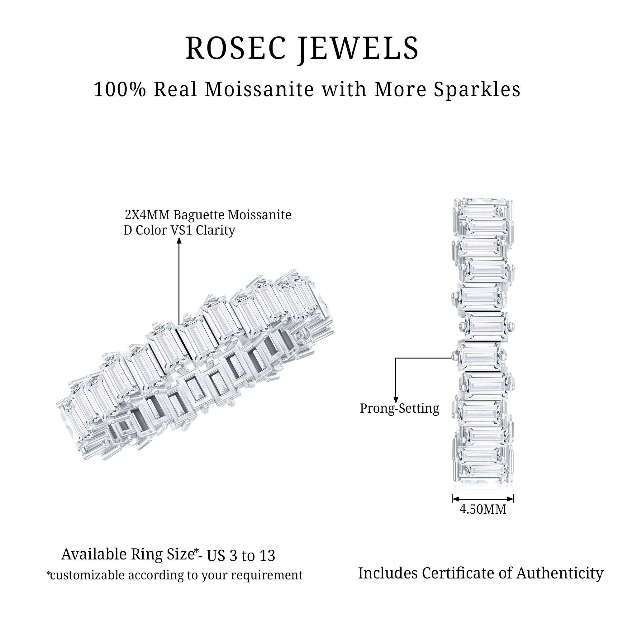 Baguette Shape Moissanite Eternity Wedding Band D-VS1 - Rosec Jewels