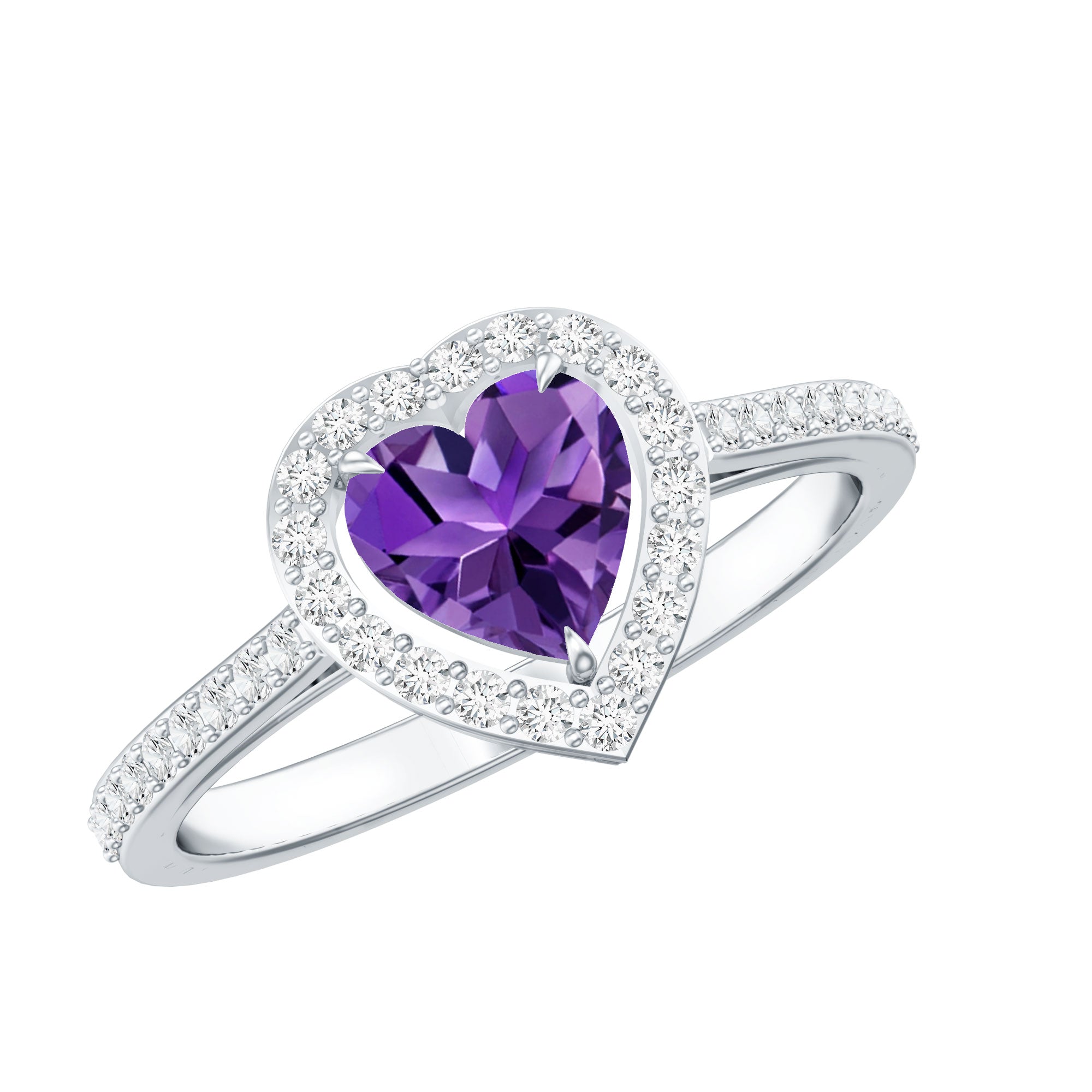 Rosec Jewels-Natural 0.9 Carat Amethyst Heart Engagement Ring with Diamond Halo
