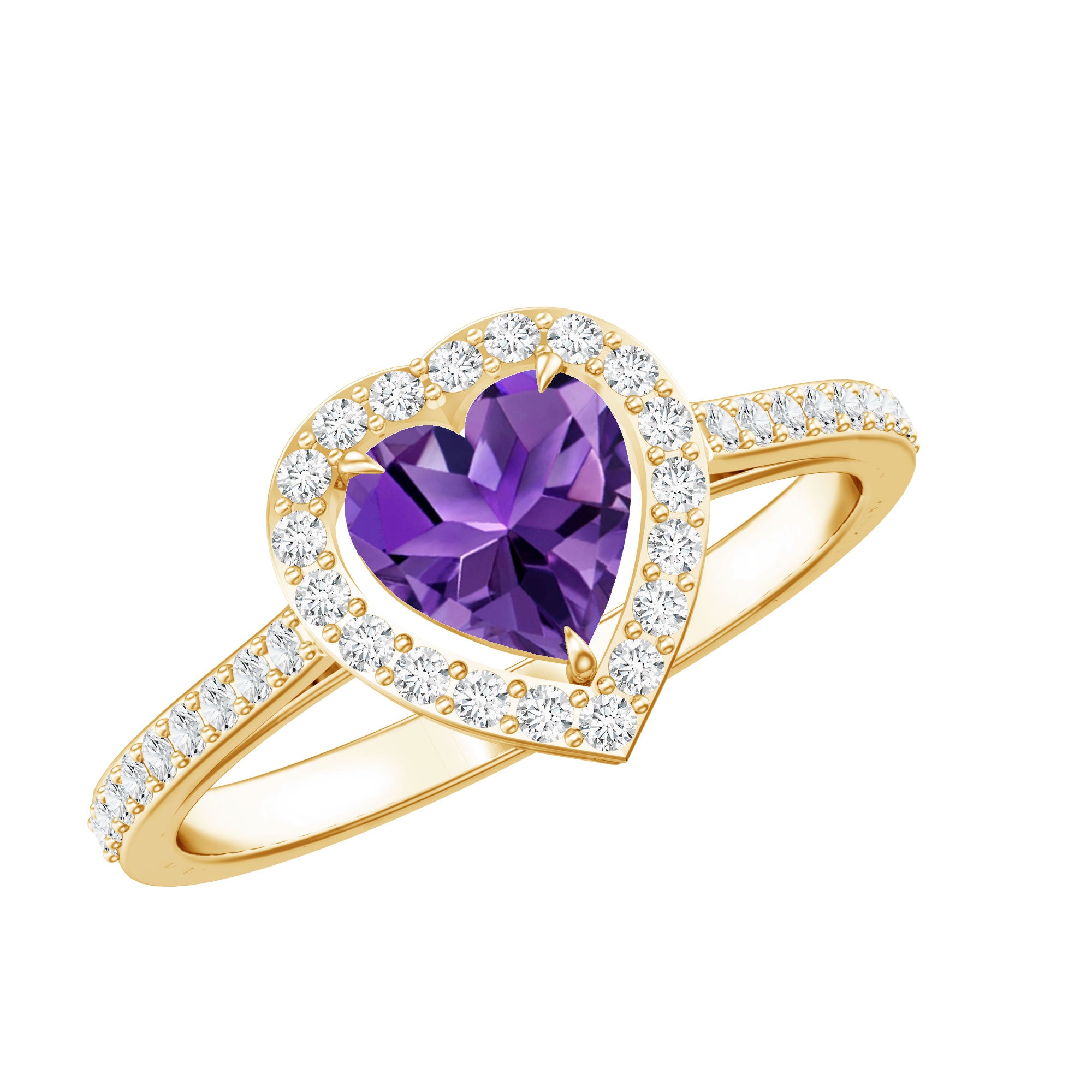 Rosec Jewels-Natural 0.9 Carat Amethyst Heart Engagement Ring with Diamond Halo