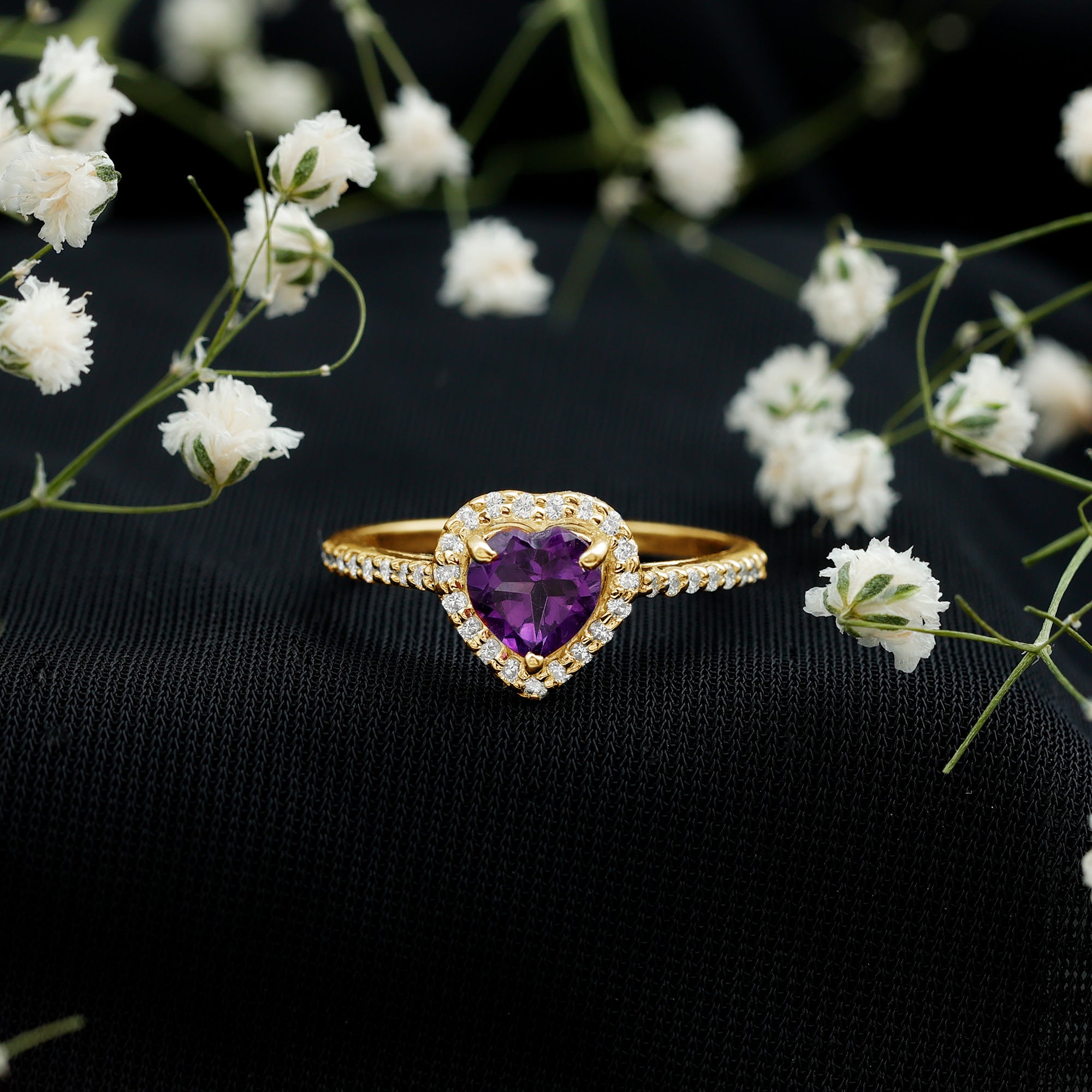Rosec Jewels-Natural 0.9 Carat Amethyst Heart Engagement Ring with Diamond Halo