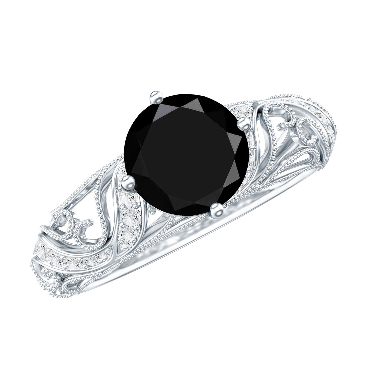 Round Created Black Diamond Vintage Inspired Engagement Ring with Diamond AAAA ( Synthetic ) - Rosec Jewels