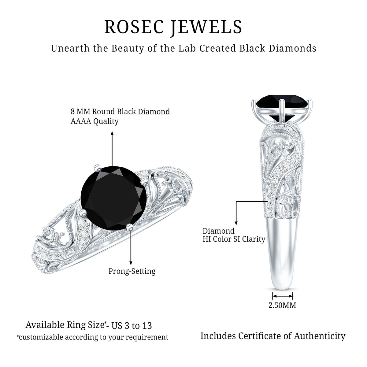 Round Created Black Diamond Vintage Inspired Engagement Ring with Diamond AAAA ( Synthetic ) - Rosec Jewels