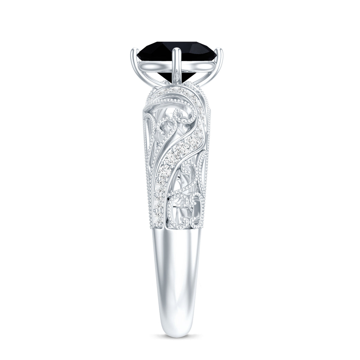 Round Created Black Diamond Vintage Inspired Engagement Ring with Diamond AAAA ( Synthetic ) - Rosec Jewels