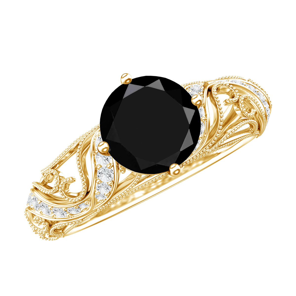Round Created Black Diamond Vintage Inspired Engagement Ring with Diamond AAAA ( Synthetic ) - Rosec Jewels