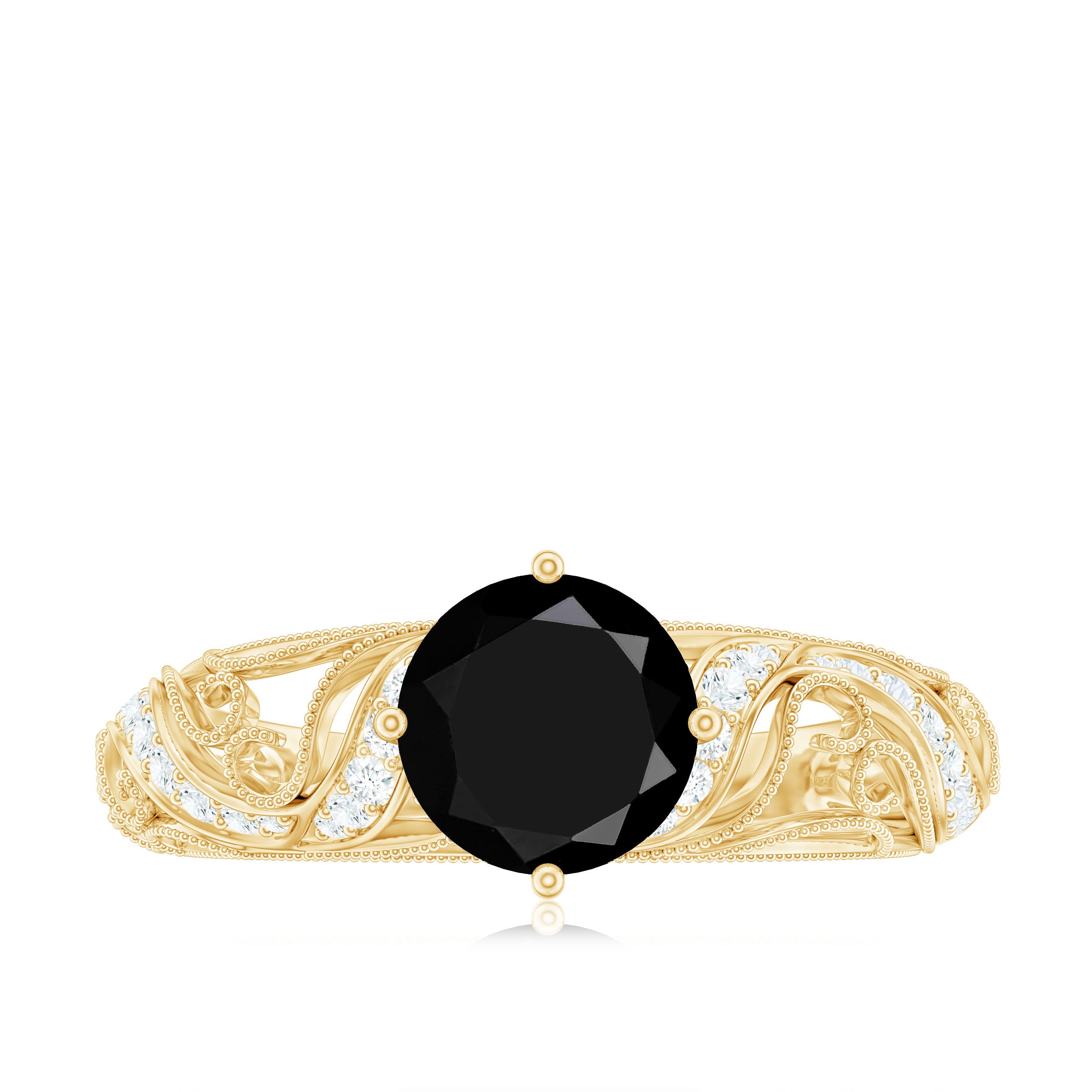 Round Created Black Diamond Vintage Inspired Engagement Ring with Diamond AAAA ( Synthetic ) - Rosec Jewels