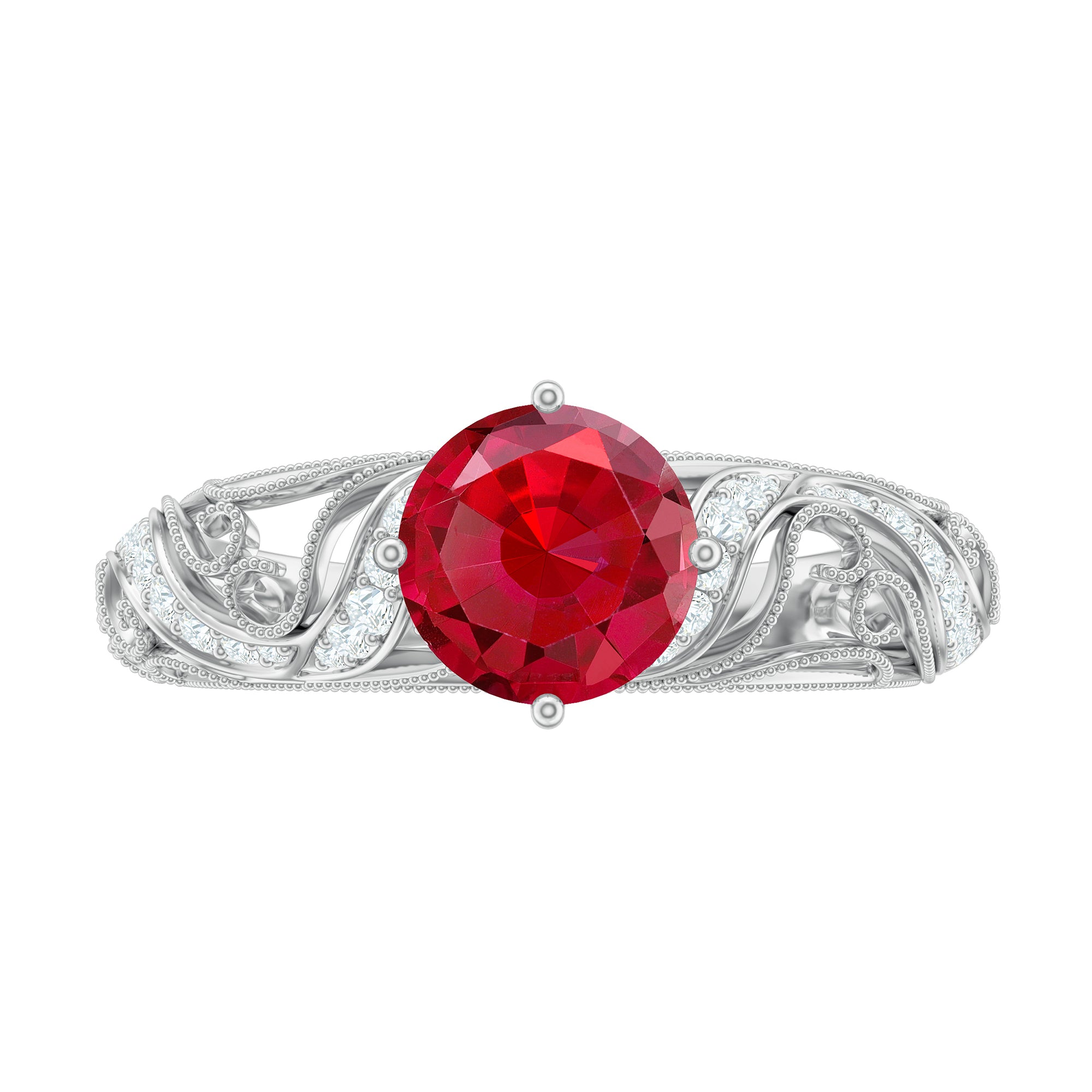 Vintage Looking Lab Ruby and Diamond Engagement Ring AAAA - Rosec Jewels