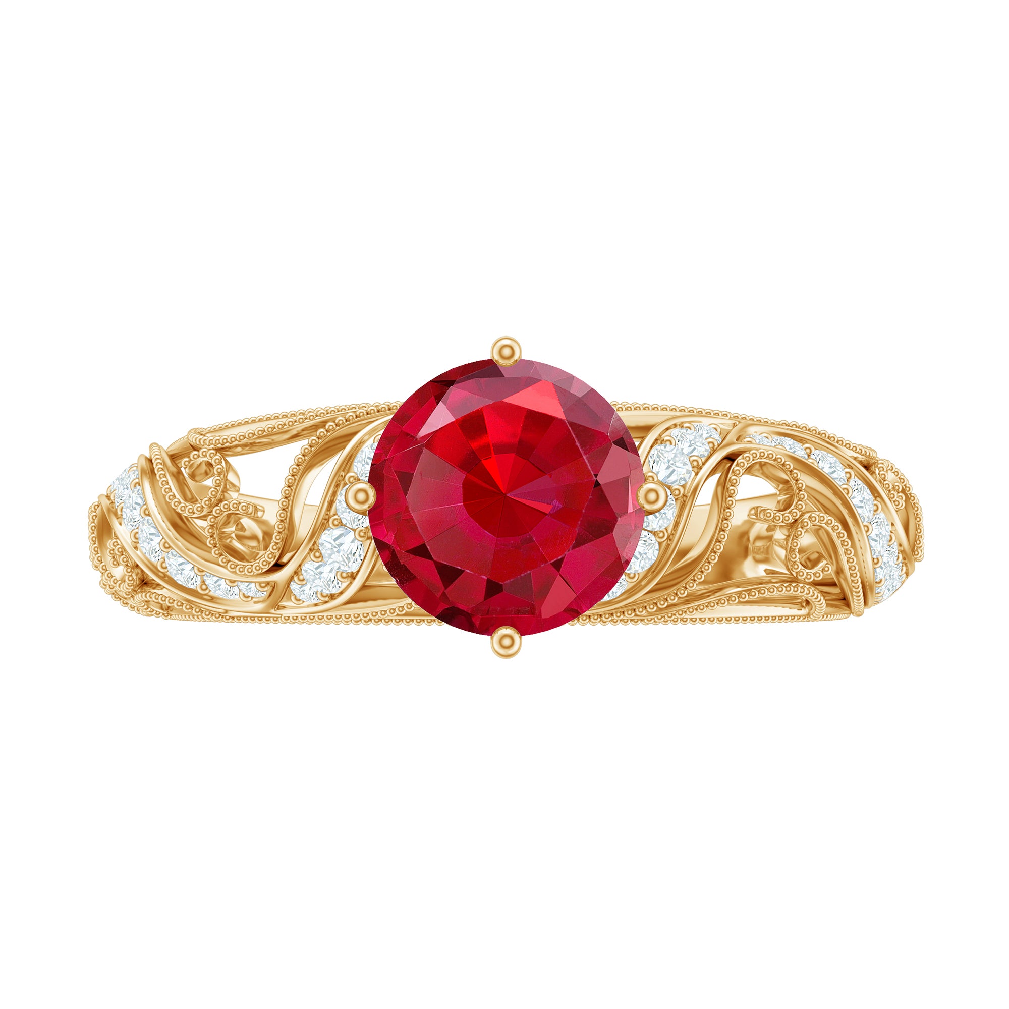Vintage Looking Lab Ruby and Diamond Engagement Ring AAAA - Rosec Jewels