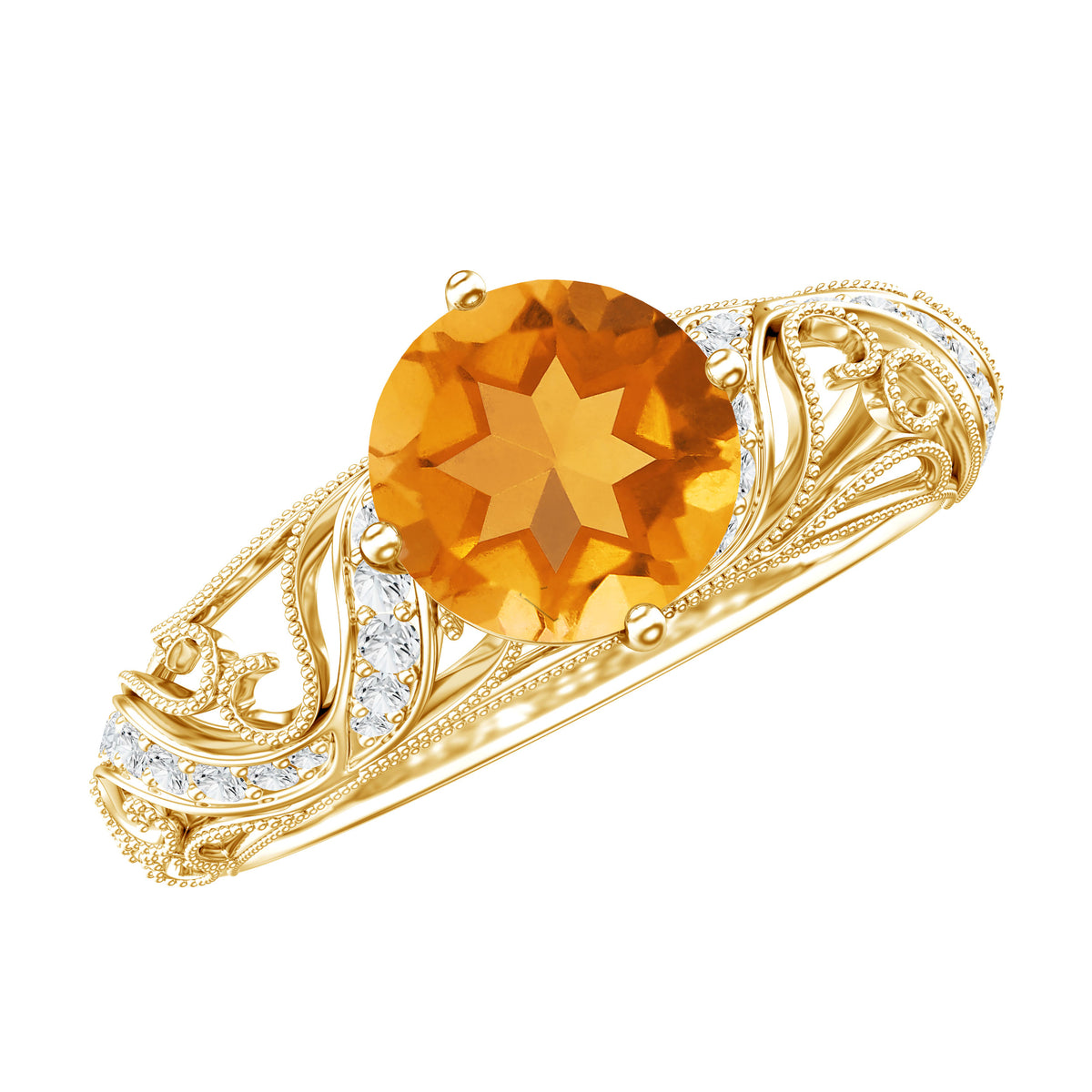 Genuine Citrine Vintage Looking Engagement Ring with Diamond AAA - Rosec Jewels