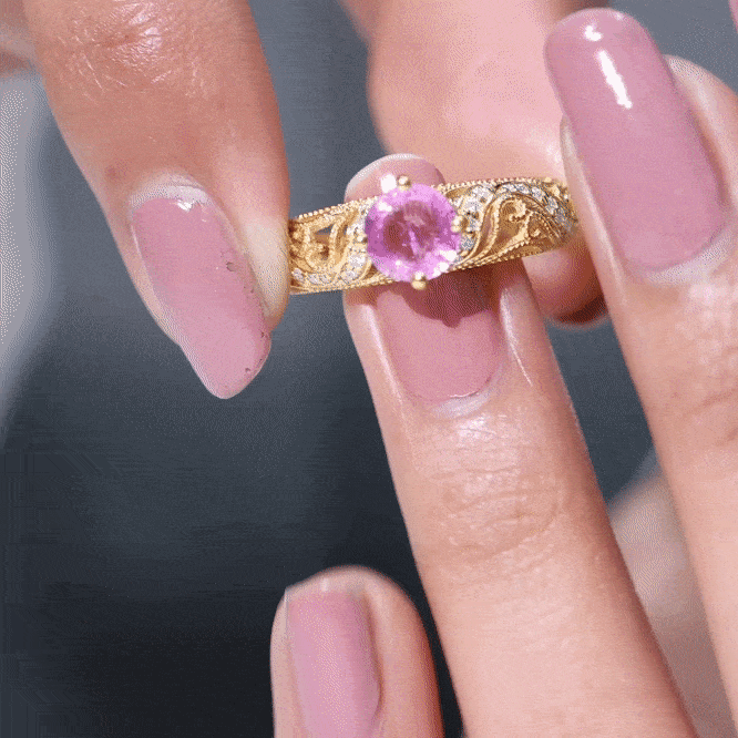 Round Shape Created Pink Sapphire and Diamond Milgrain Engagement Ring Lab Created Pink Sapphire - ( AAAA ) - Quality - Rosec Jewels