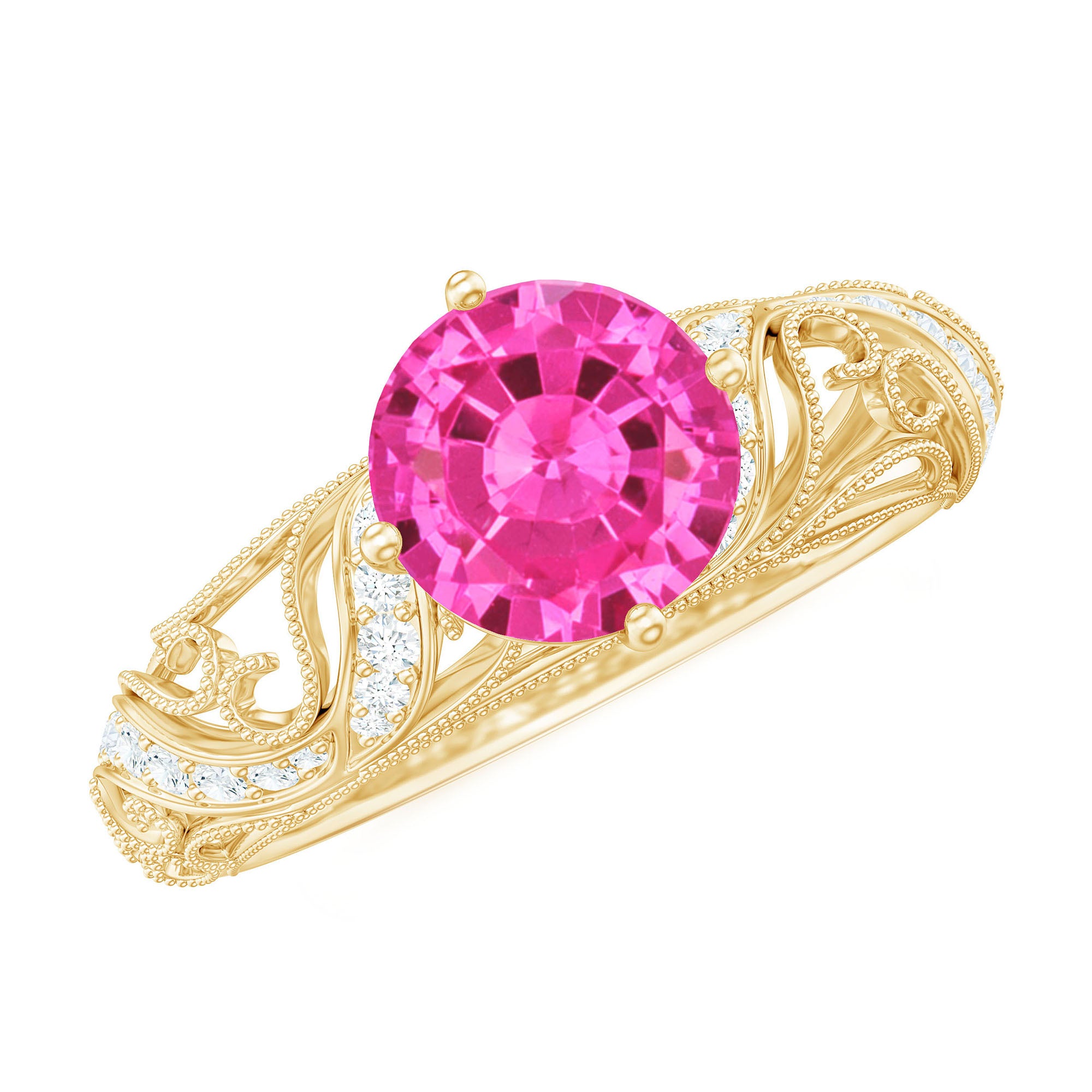 Rosec Jewels-Lab Grown Pink Sapphire Antique Engagement Ring With Diamond