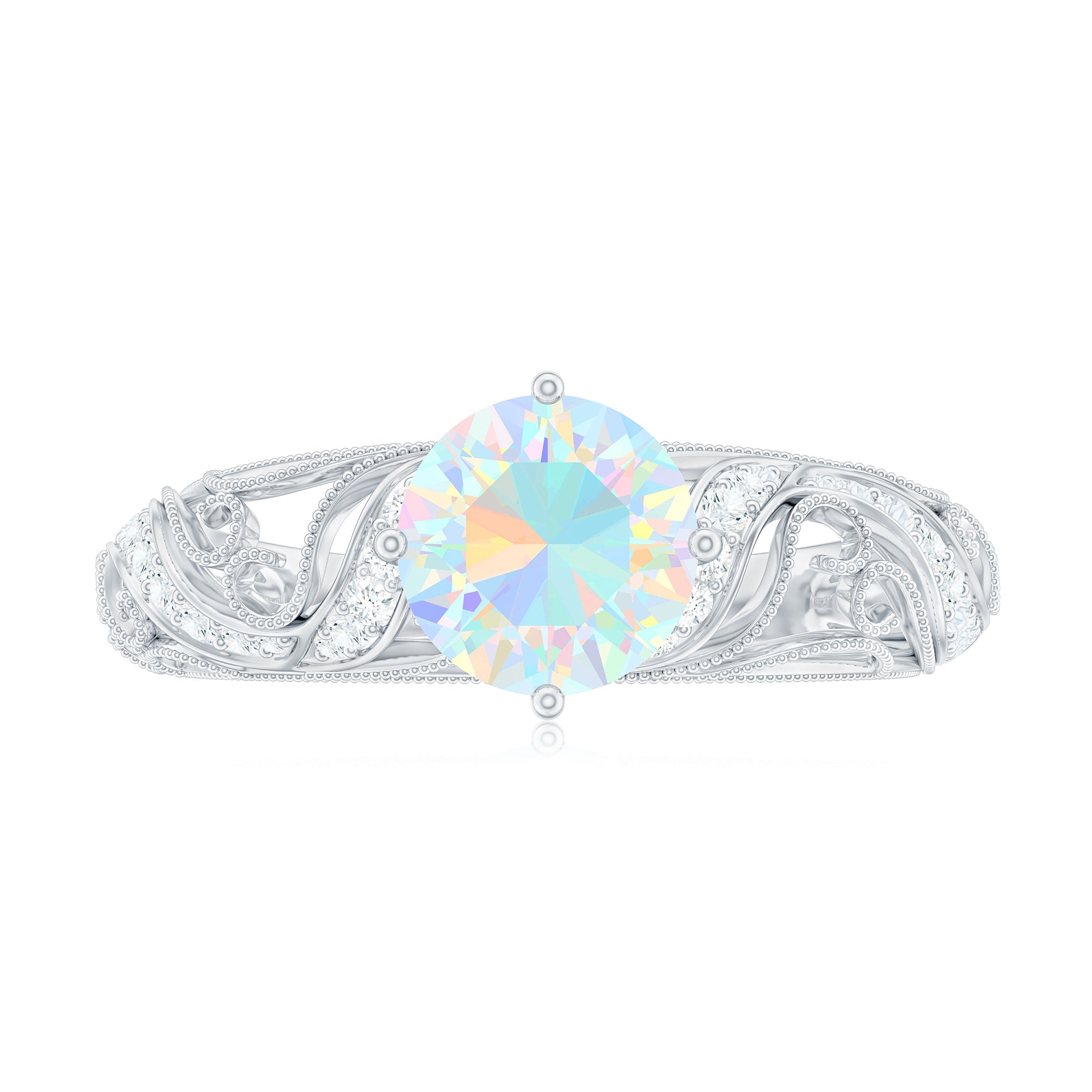 Round Ethiopian Opal Vintage Inspired Engagement Ring with Diamond Ethiopian Opal - ( AAA ) - Quality - Rosec Jewels