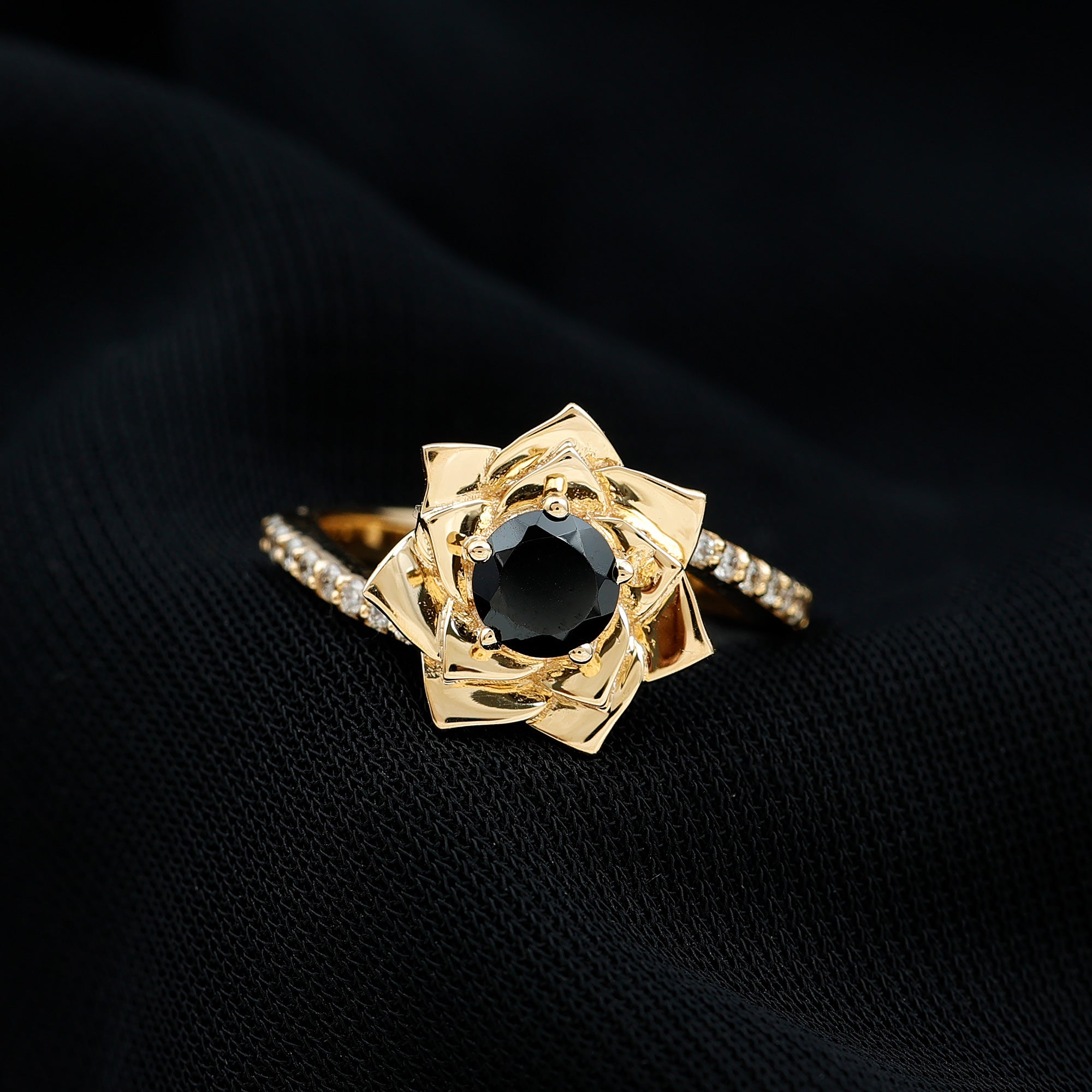 Black Onyx and Diamond Flower Engagement Ring with Bypass Shank Black Onyx - ( AAA ) - Quality - Rosec Jewels