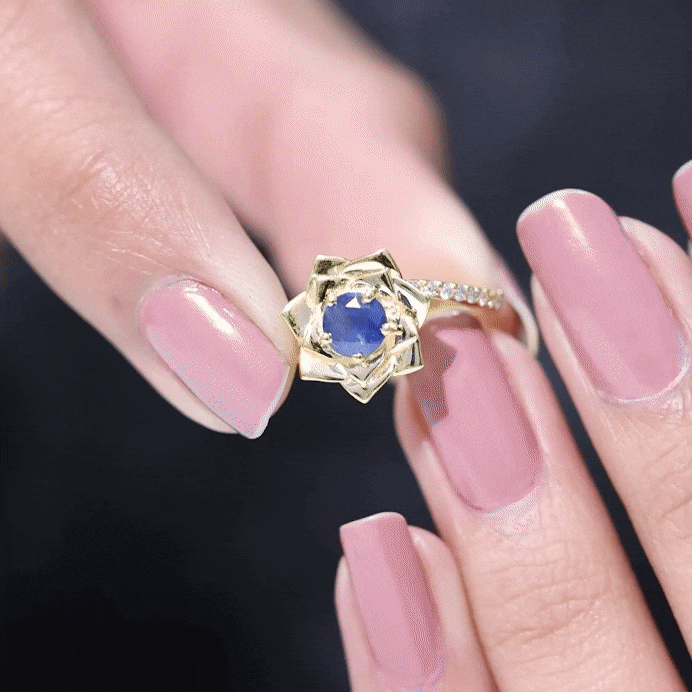Real Blue Sapphire and Diamond Flower Ring with Bypass Shank Blue Sapphire - ( AAA ) - Quality - Rosec Jewels
