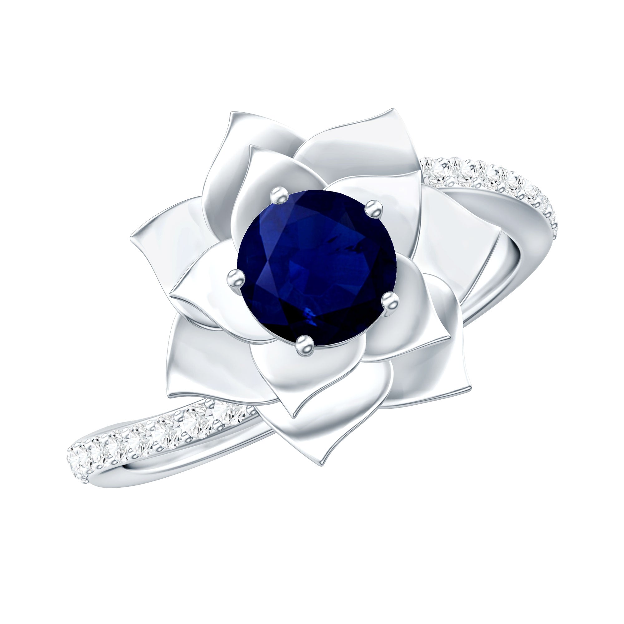 Real Blue Sapphire and Diamond Flower Ring with Bypass Shank AAA - Rosec Jewels