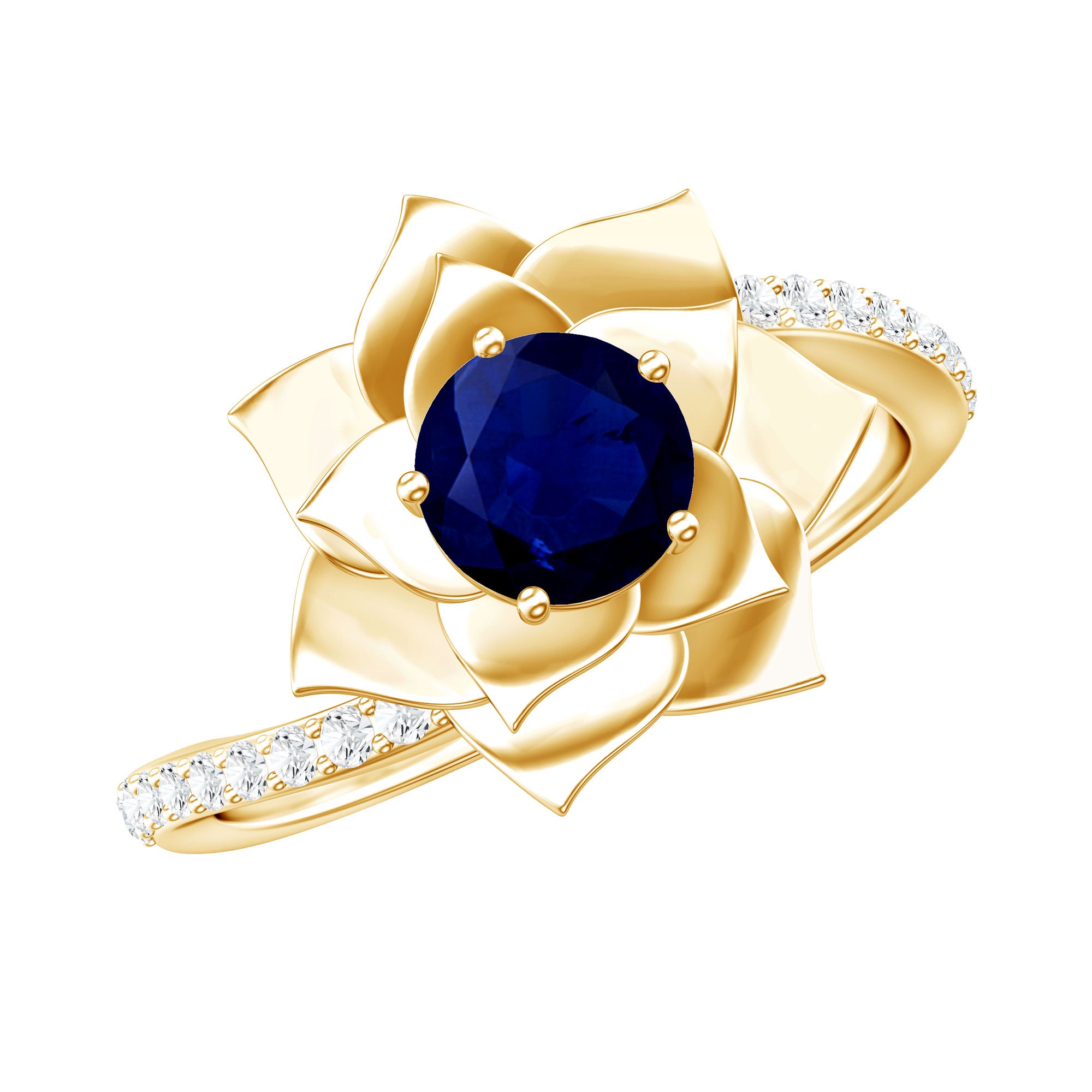 Real Blue Sapphire and Diamond Flower Ring with Bypass Shank AAA - Rosec Jewels