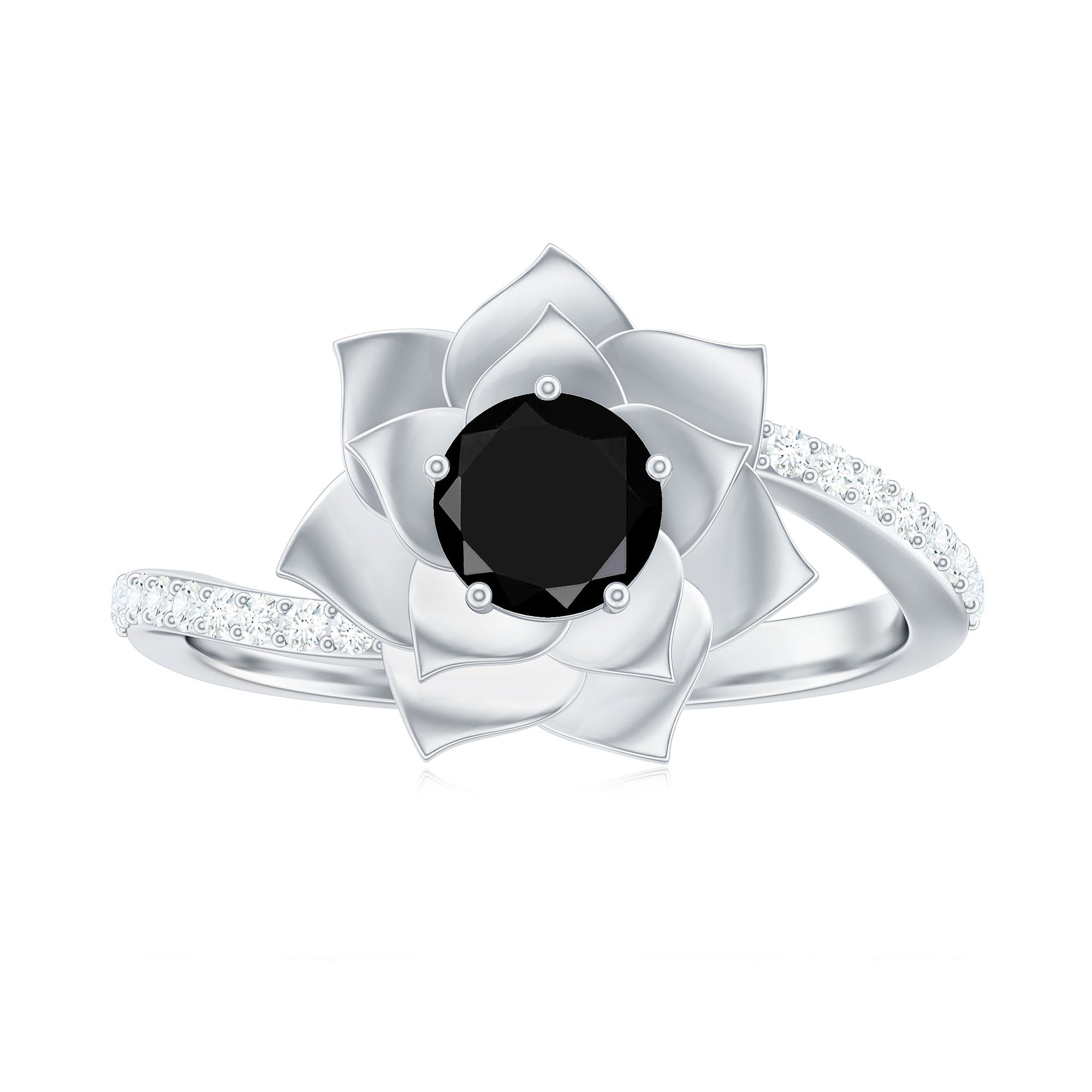 Certified 0.8 Carat Lab Grown Black Diamond Flower Engagement Ring with White Diamond AAAA ( Synthetic ) - Rosec Jewels
