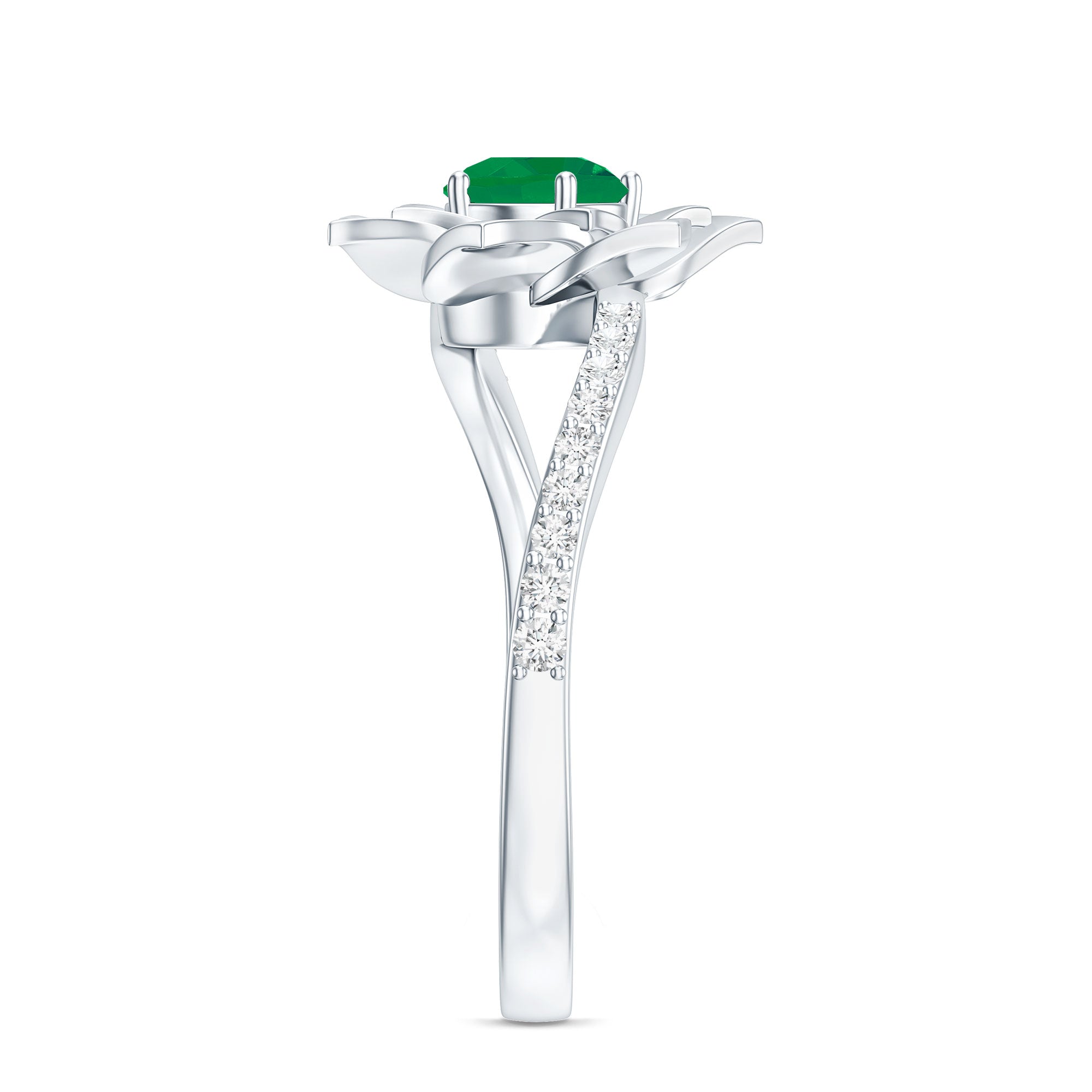 Certified Real Emerald Flower Engagement Ring with Diamond Bypass Shank AAA - Rosec Jewels