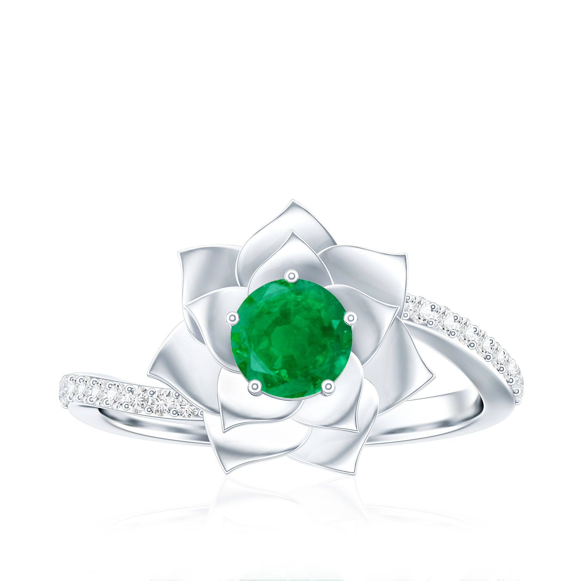 Certified Real Emerald Flower Engagement Ring with Diamond Bypass Shank AAA - Rosec Jewels