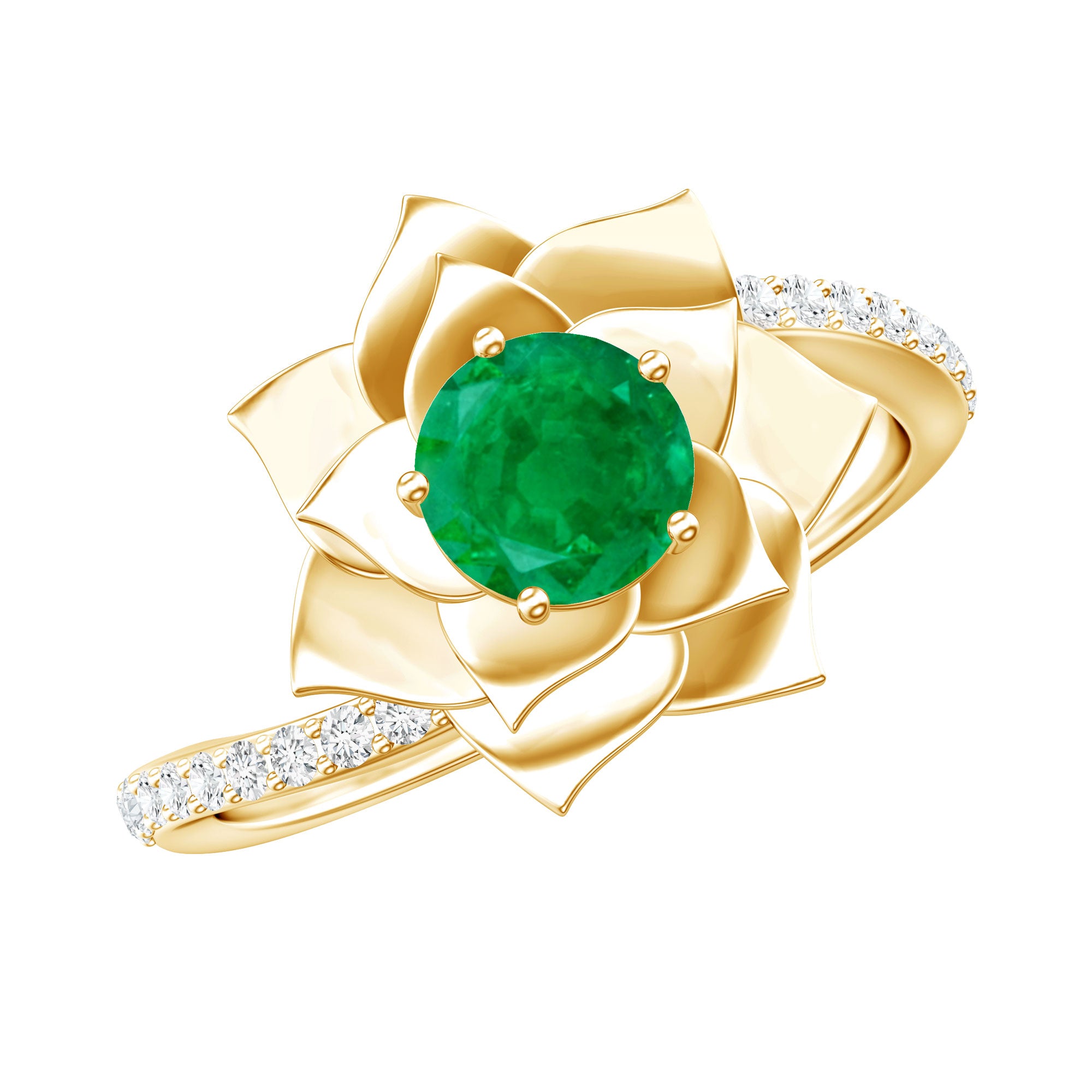 Certified Real Emerald Flower Engagement Ring with Diamond Bypass Shank AAA - Rosec Jewels