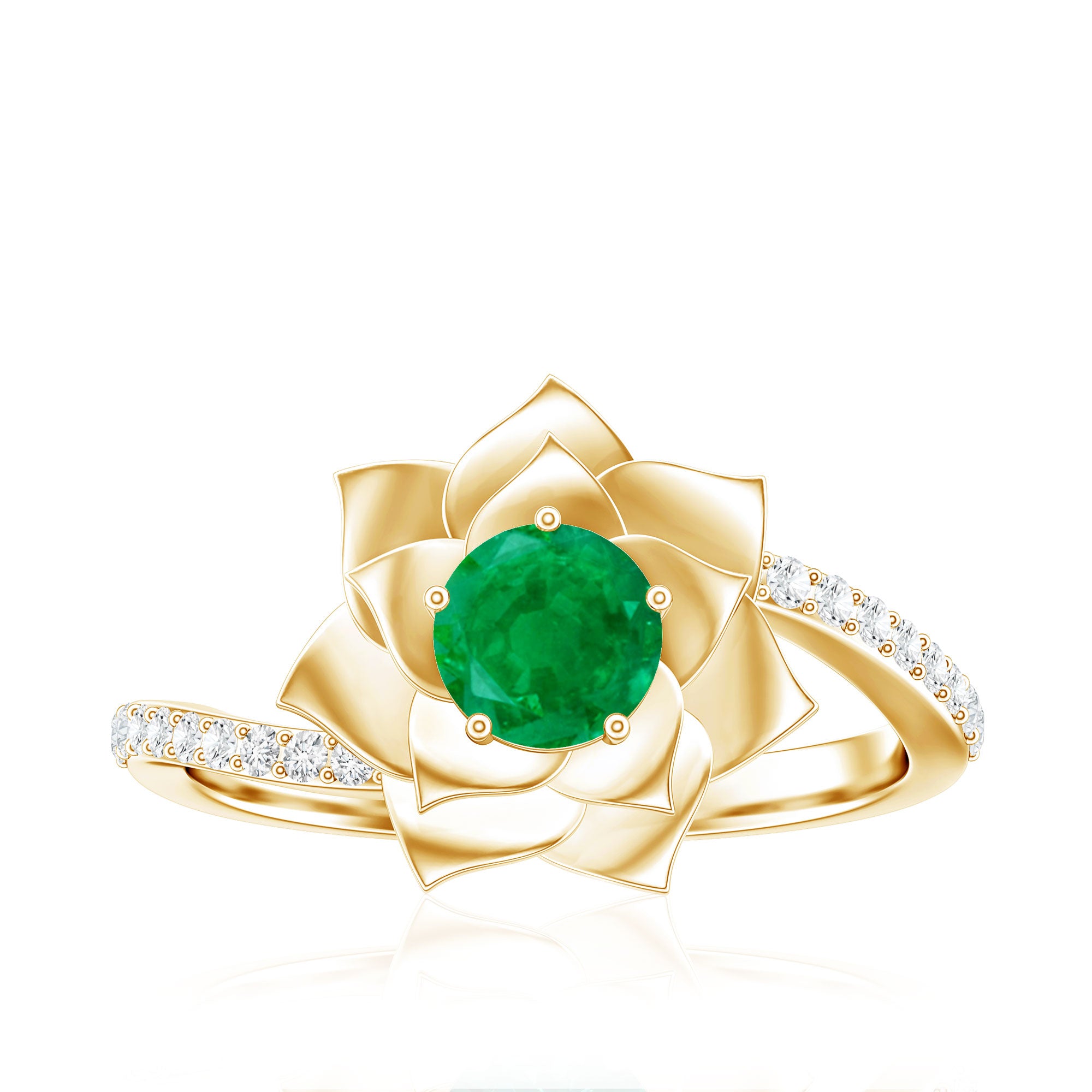 Certified Real Emerald Flower Engagement Ring with Diamond Bypass Shank AAA - Rosec Jewels