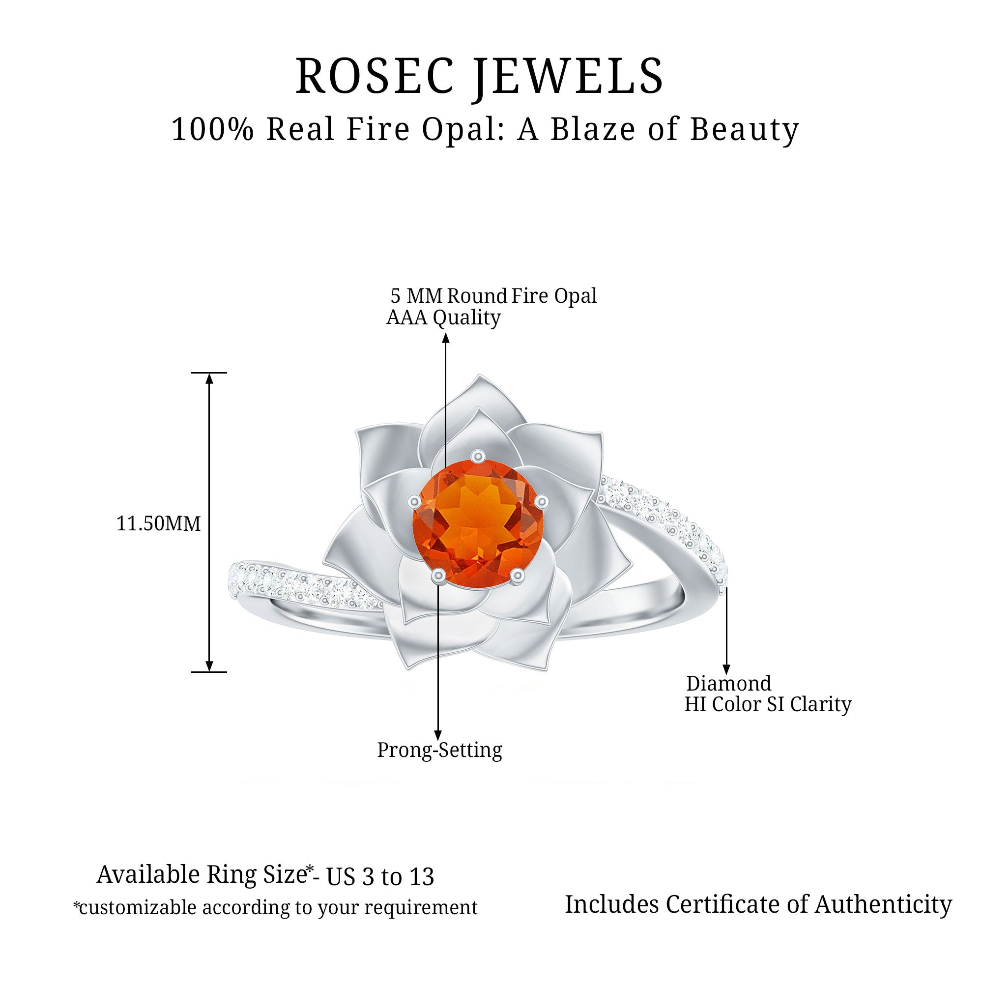 Rosec Jewels-Flower Inspired Fire Opal Engagement Ring with Diamond