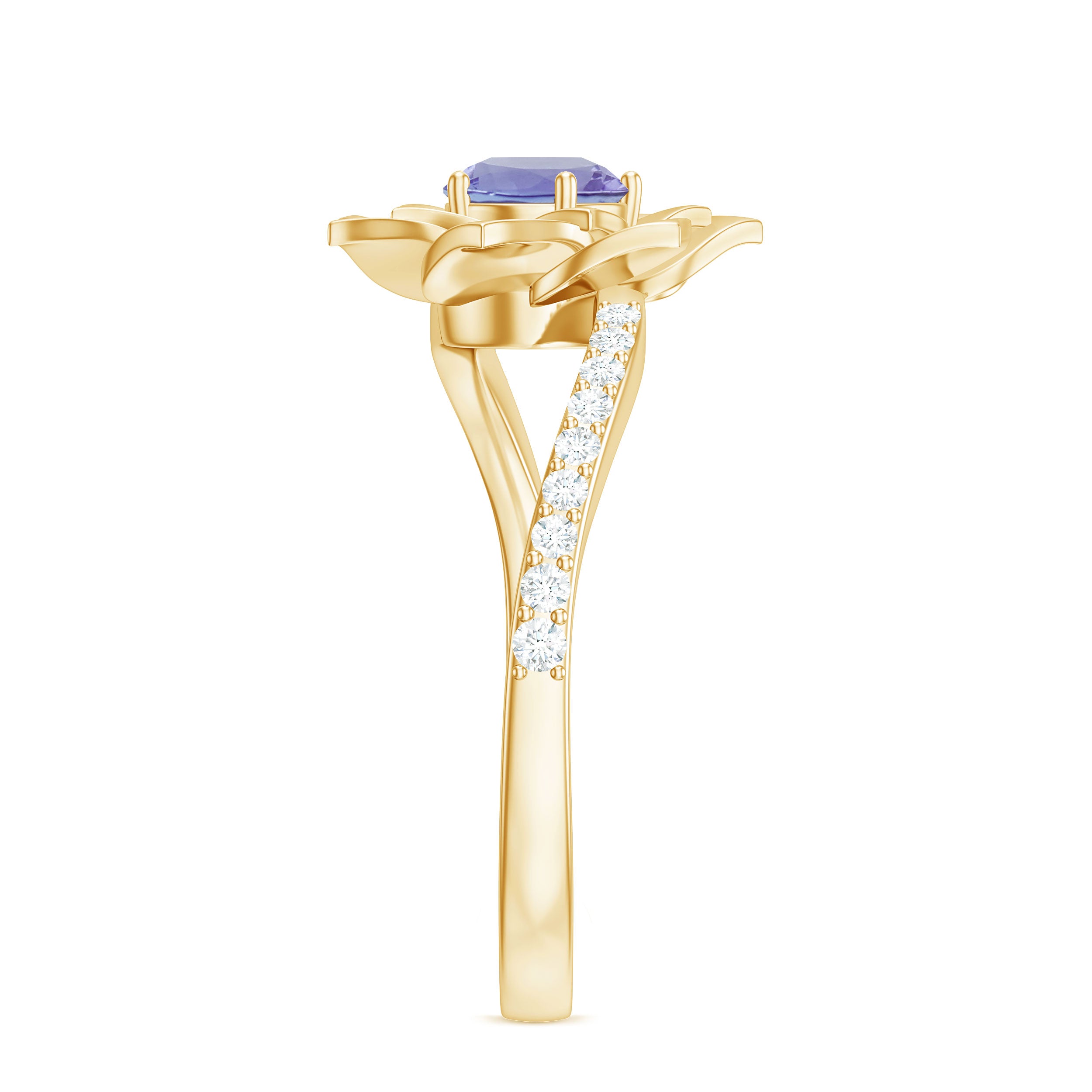 Real Tanzanite and Diamond Flower Ring in Bypass Shank Tanzanite - ( AAA ) - Quality - Rosec Jewels