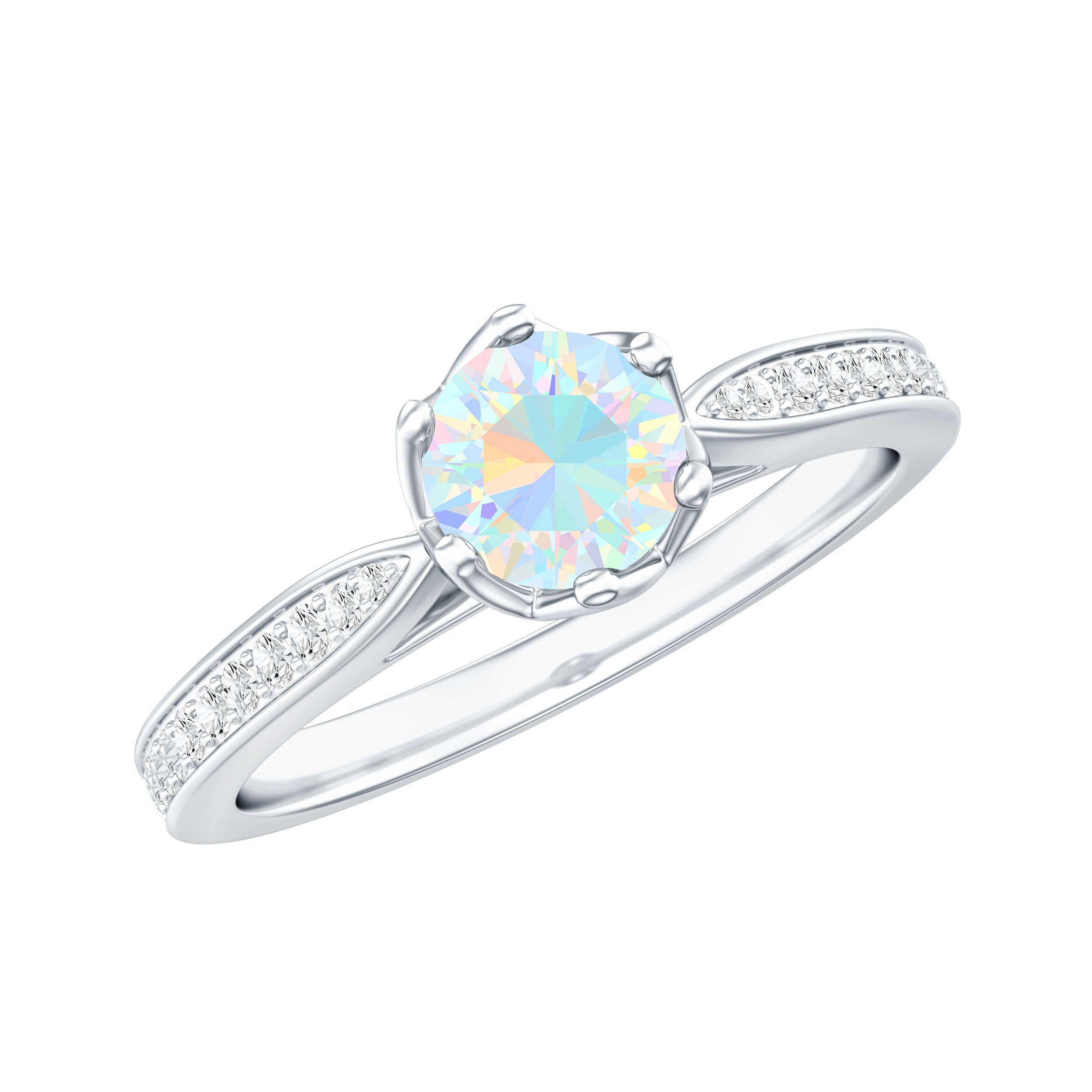 Genuine Ethiopian Rainbow Opal Engagement Ring with Diamond Side Stones AAA - Rosec Jewels