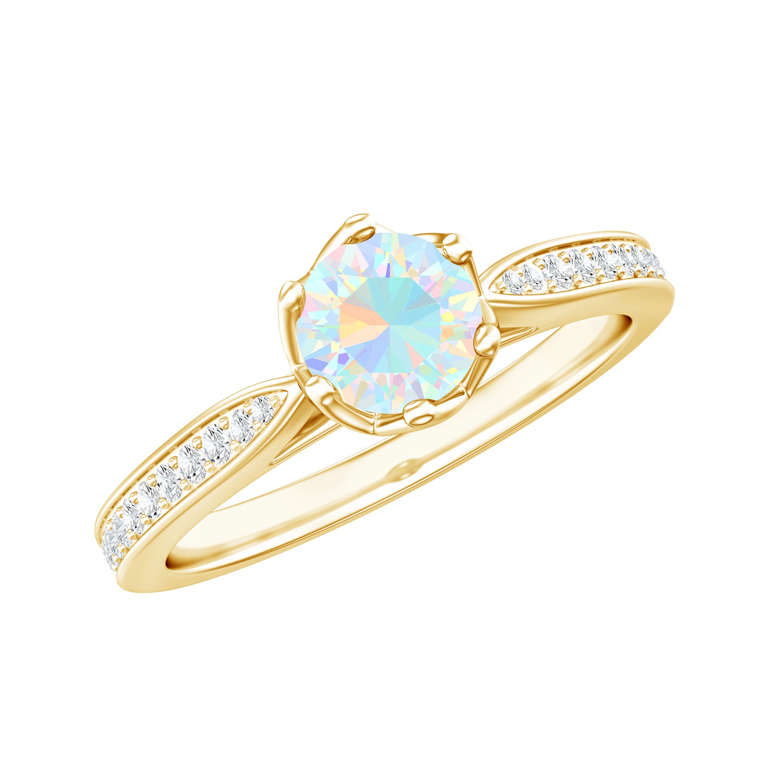 Genuine Ethiopian Rainbow Opal Engagement Ring with Diamond Side Stones AAA - Rosec Jewels