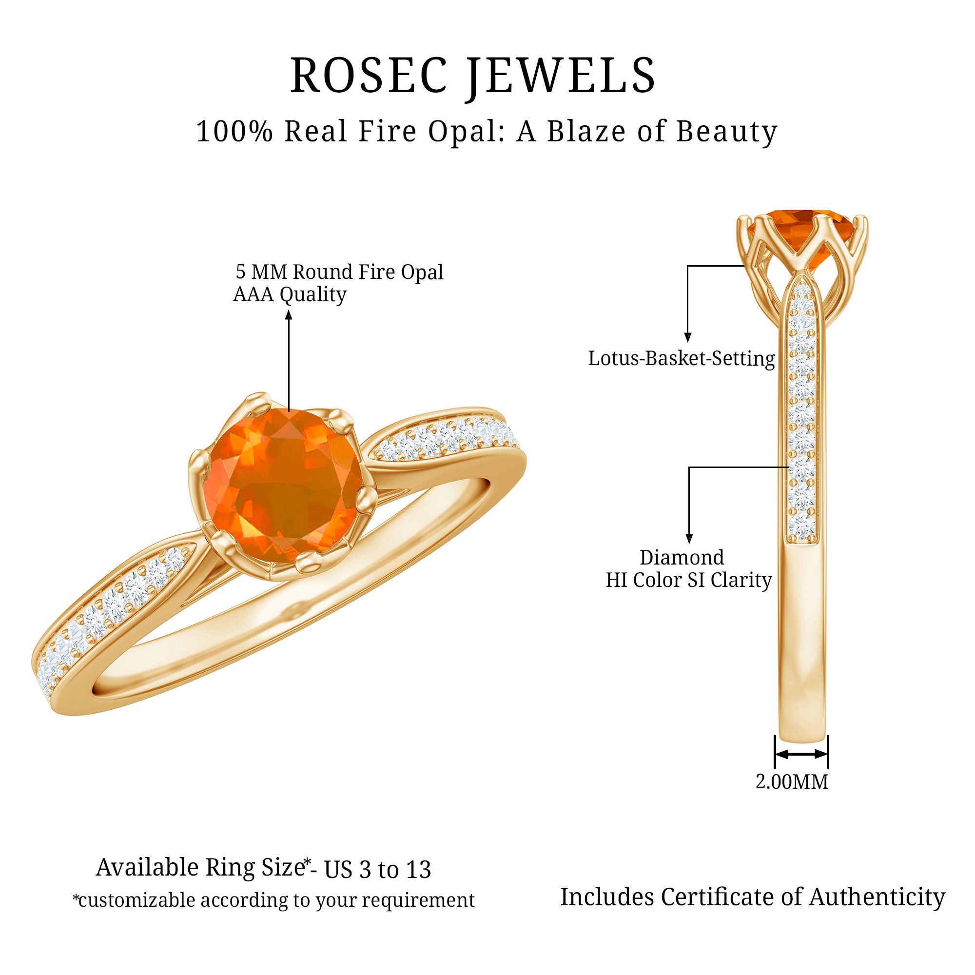 Rosec Jewels-Genuine Fire Opal Solitaire Engagement Ring with Diamond