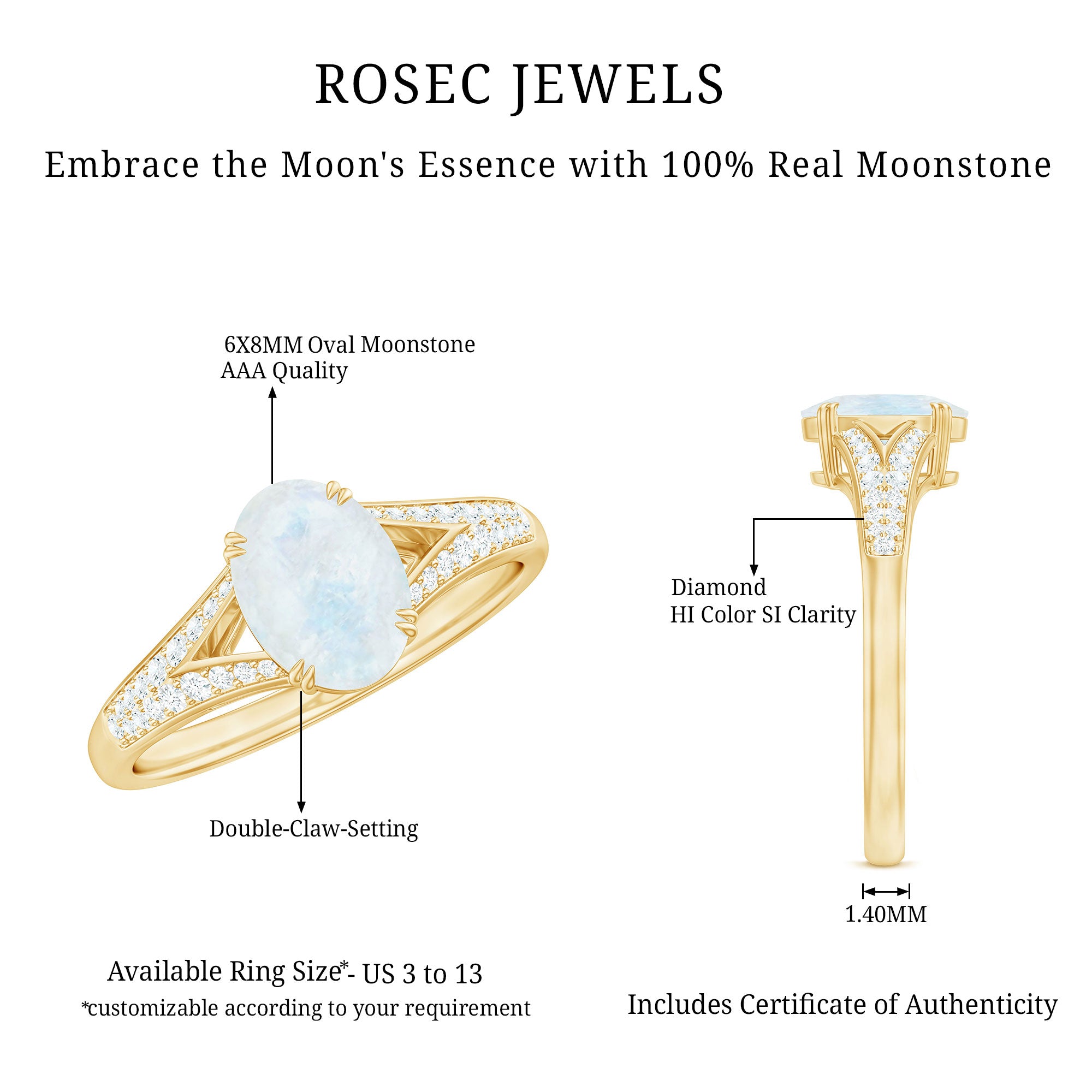 3/4 CT Oval Cut Moonstone Solitaire Engagement Ring with Diamond Accent AAA - Rosec Jewels