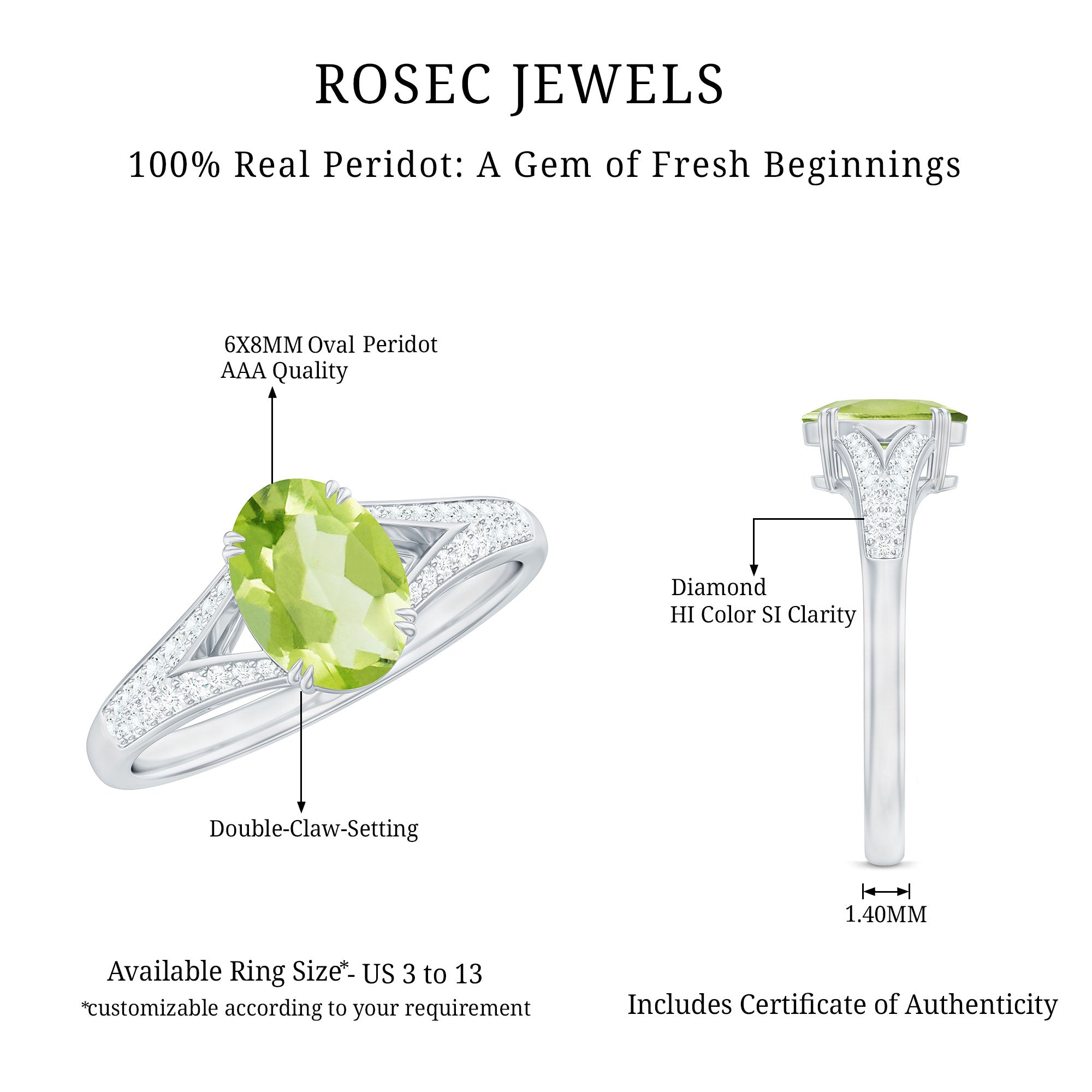 Rosec Jewels-Natural 1 Carat Peridot Oval Engagement Ring with Diamond Split Shank