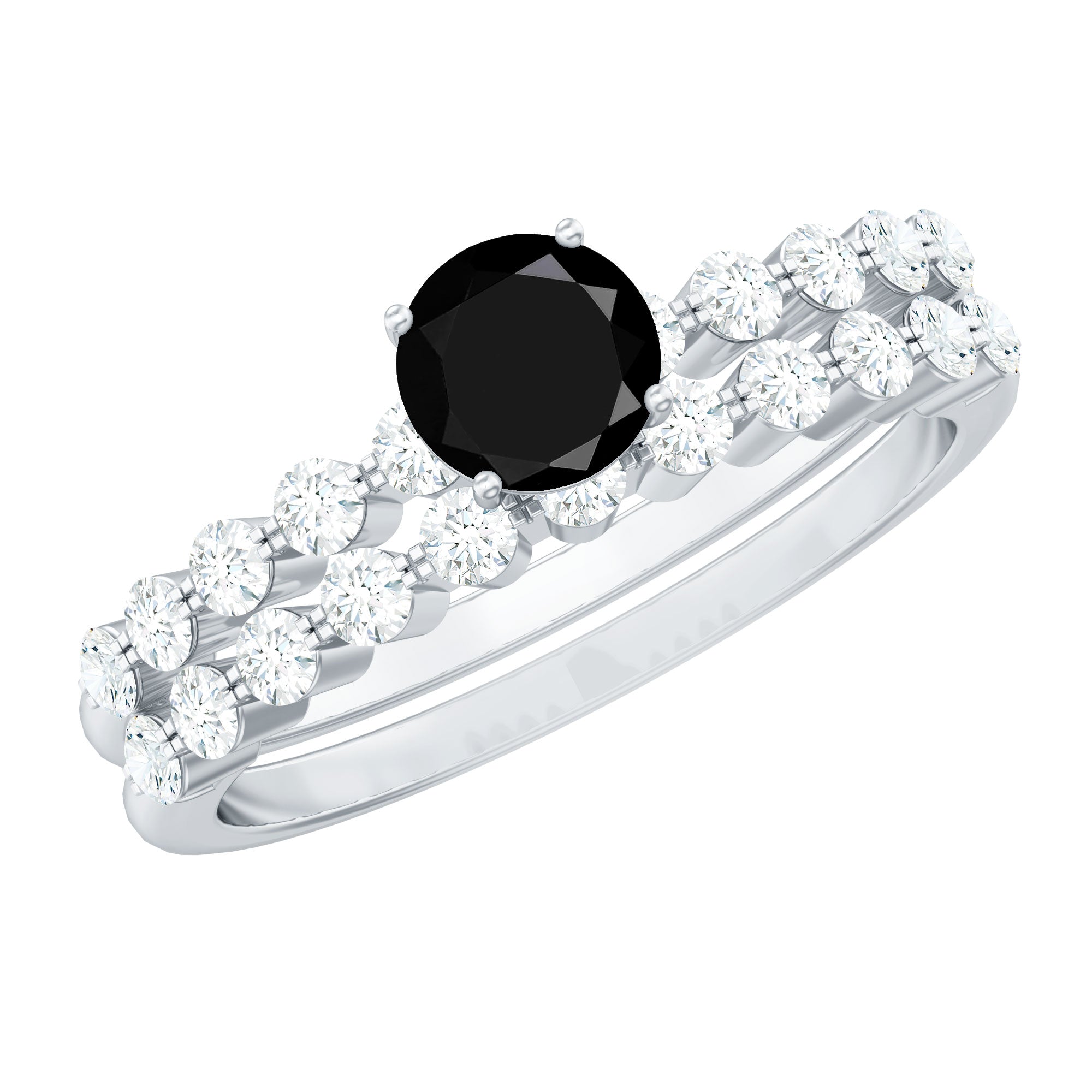 Rosec Jewels-Round Cut Black Onyx and Diamond Stacking Wedding Ring Set