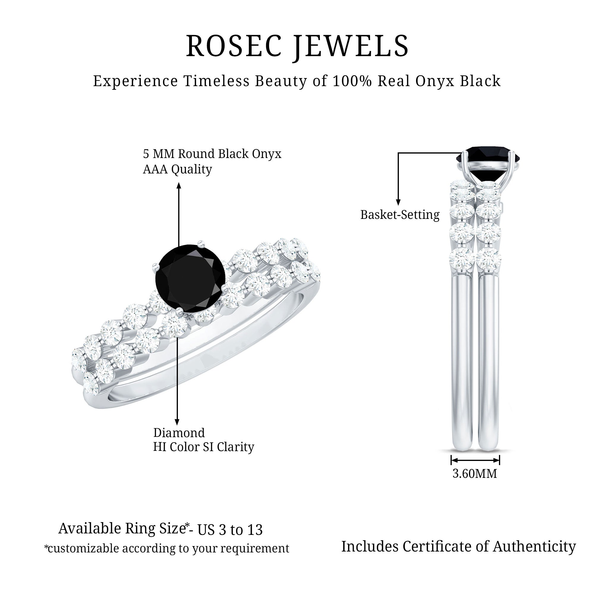 Rosec Jewels-Round Cut Black Onyx and Diamond Stacking Wedding Ring Set