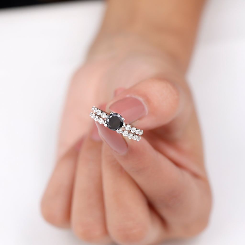 1.25 CT Minimal Black Onyx and Diamond Bridal Ring Set in Gold Black Onyx - ( AAA ) - Quality - Rosec Jewels