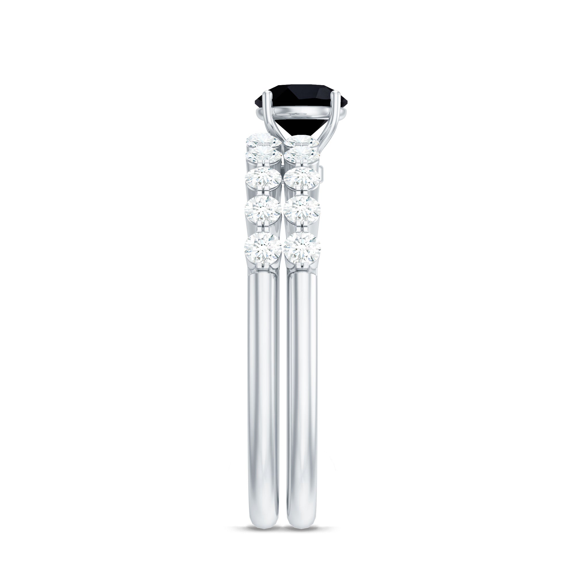 Rosec Jewels-Round Cut Black Onyx and Diamond Stacking Wedding Ring Set