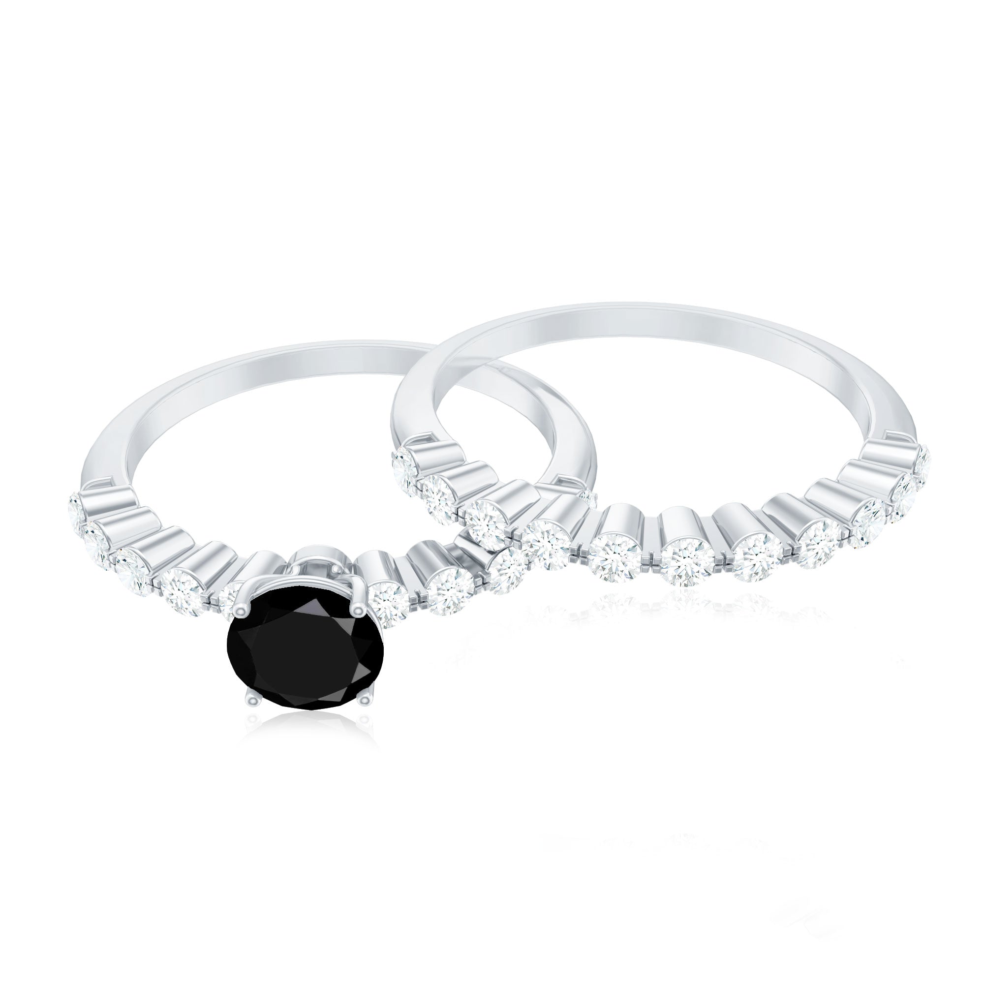 Rosec Jewels-Round Cut Black Onyx and Diamond Stacking Wedding Ring Set